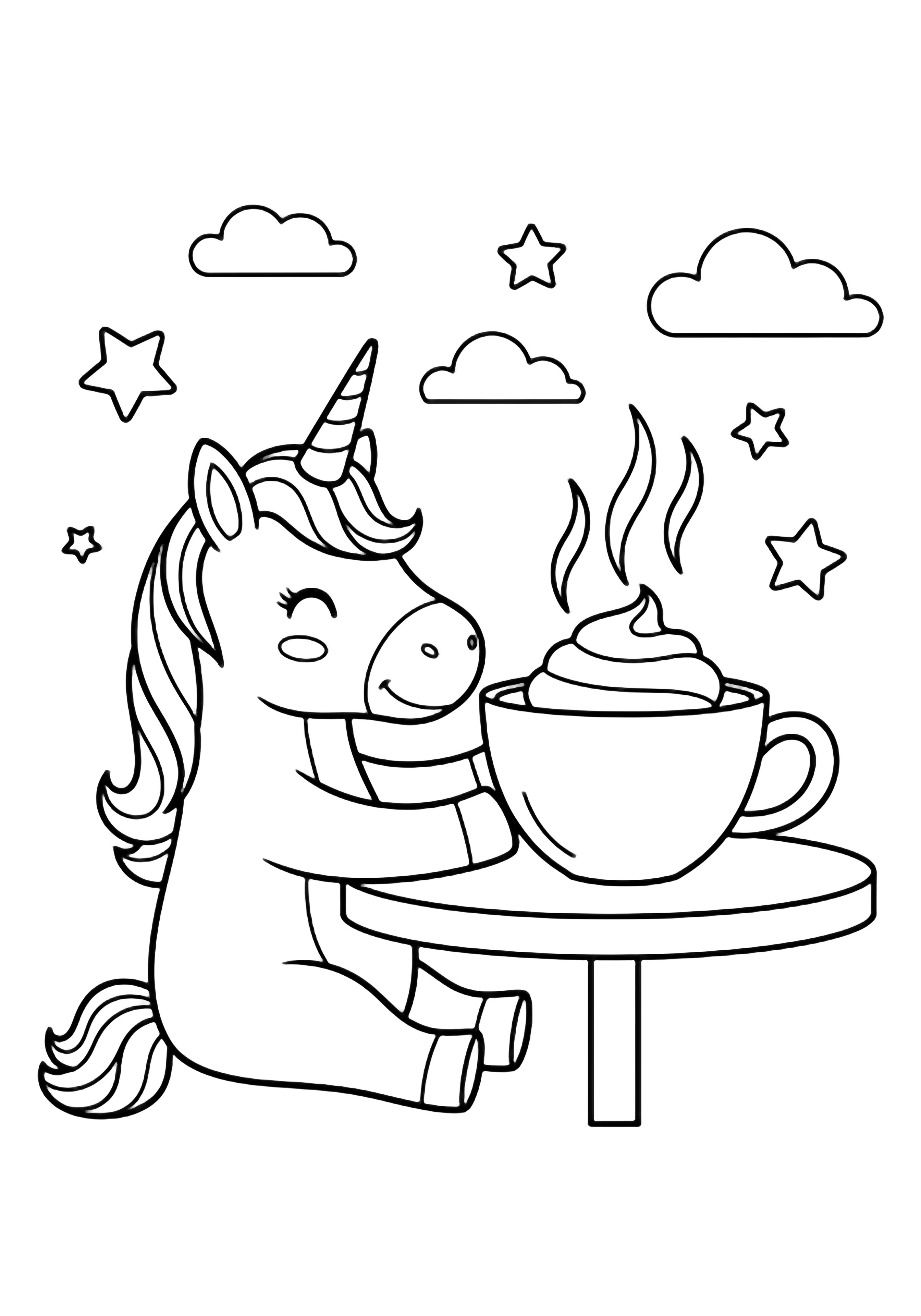 A smiling unicorn sits at a tiny table, lifting a round cup with its horn; steam rises, topped with whipped cream, stars and clouds behind. kleurplaat
