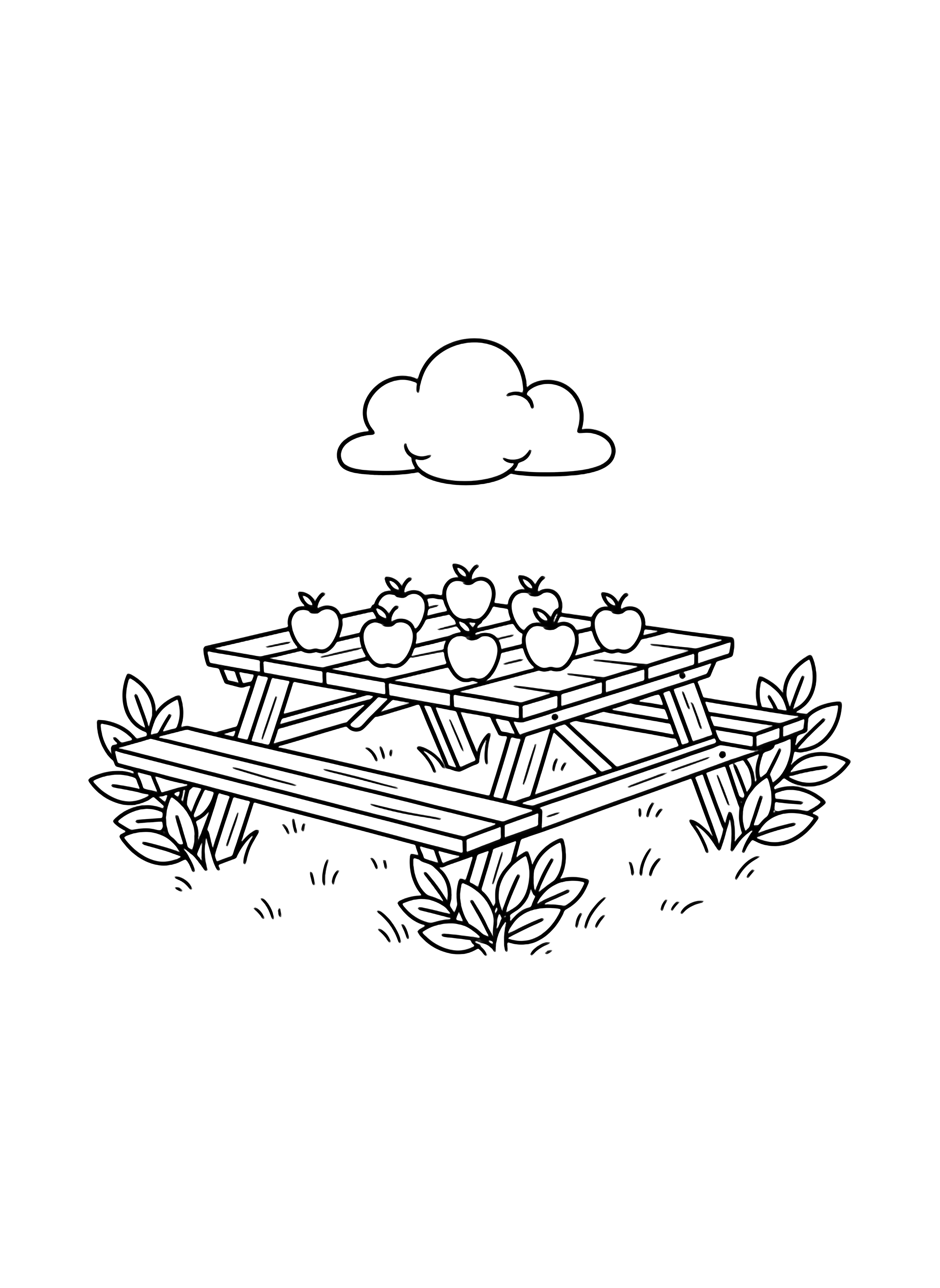A picnic table flanked by leafy clusters, six evenly spaced apples on top, simple grass strokes below, one fluffy cloud drifting overhead, all seen from a gentle three-quarter angle. kleurplaat