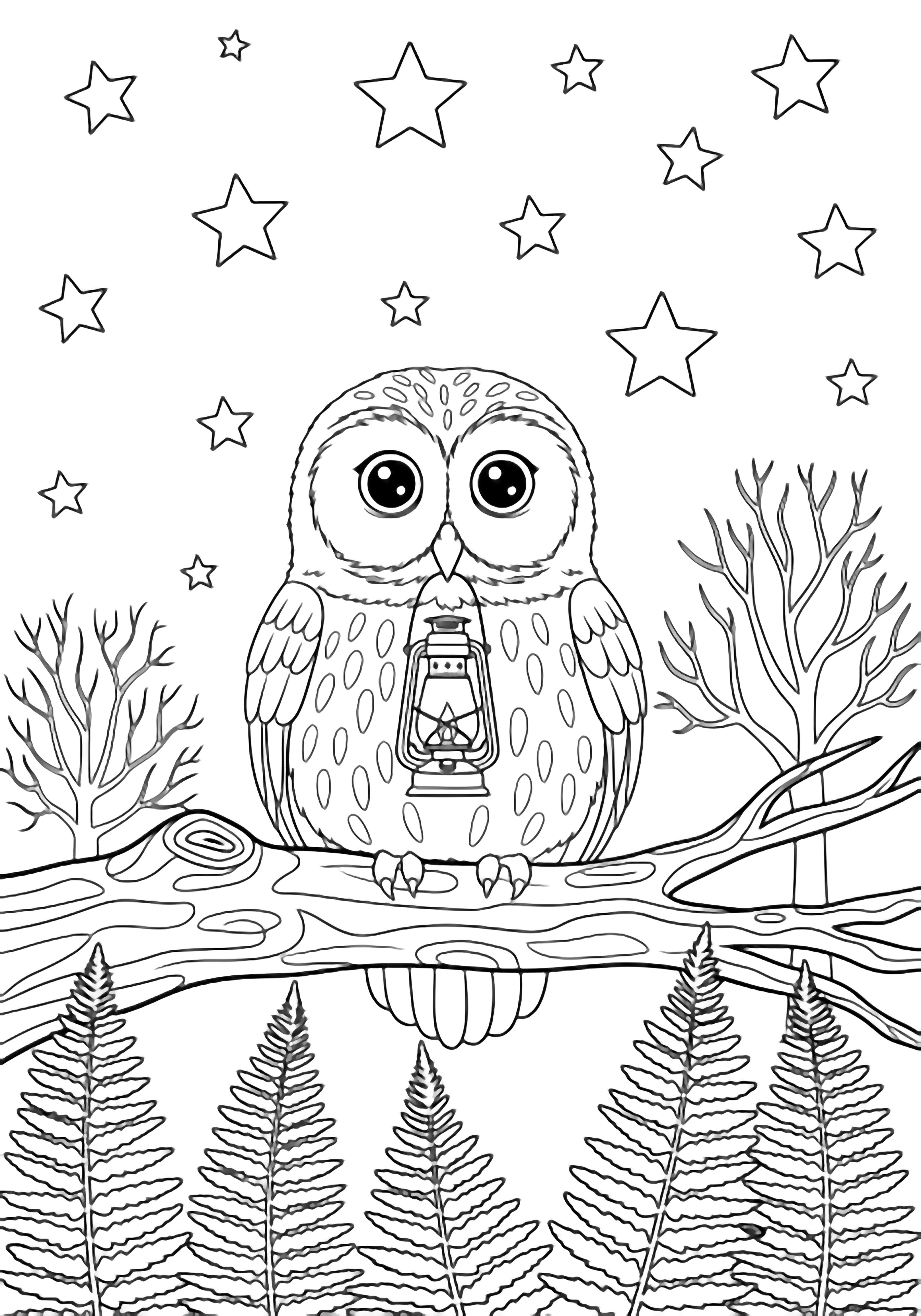 A plump owl grips a tiny lantern in its beak while perched on a branch, surrounded by stars, twiggy trees and ferns. kleurplaat