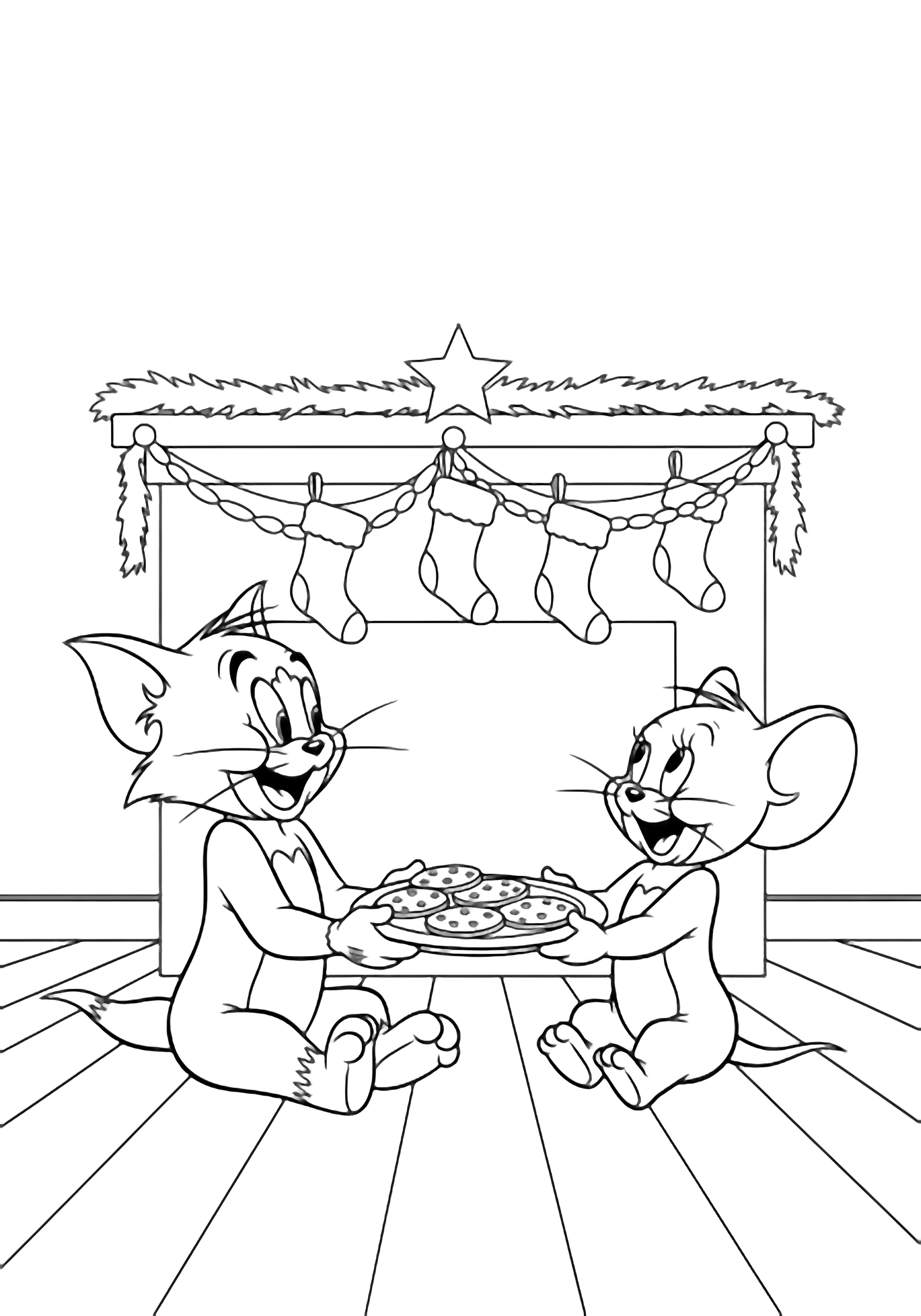 Tom and Jerry sit cross-legged, happily sharing a plate of oval cookies in front of a mantel hung with stockings, a star, and a garland. kleurplaat