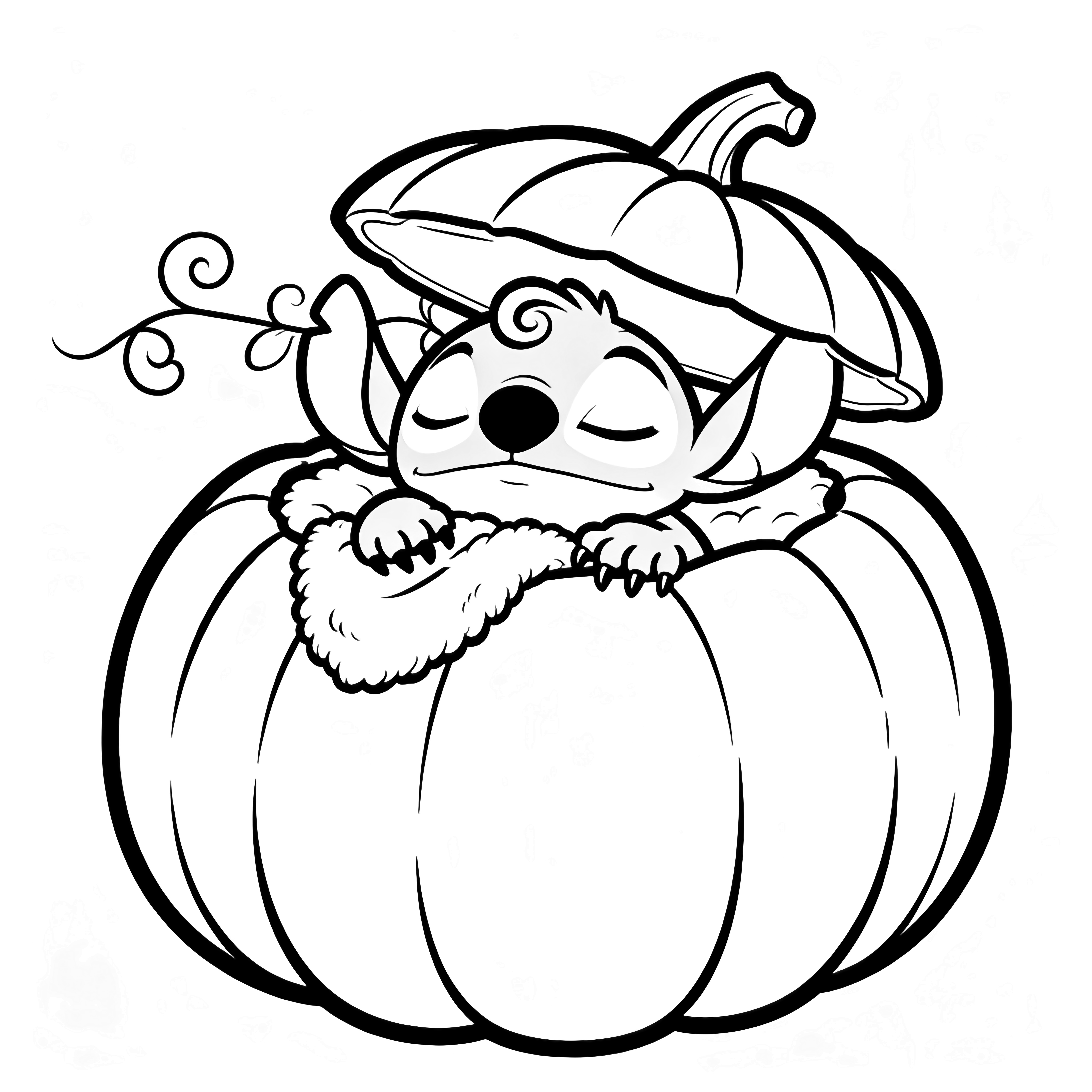 Stitch curled asleep inside a giant pumpkin, eyes closed, tiny claws clutching a fluffy blanket, pumpkin lid ajar above, simple vine curls behind. kleurplaat