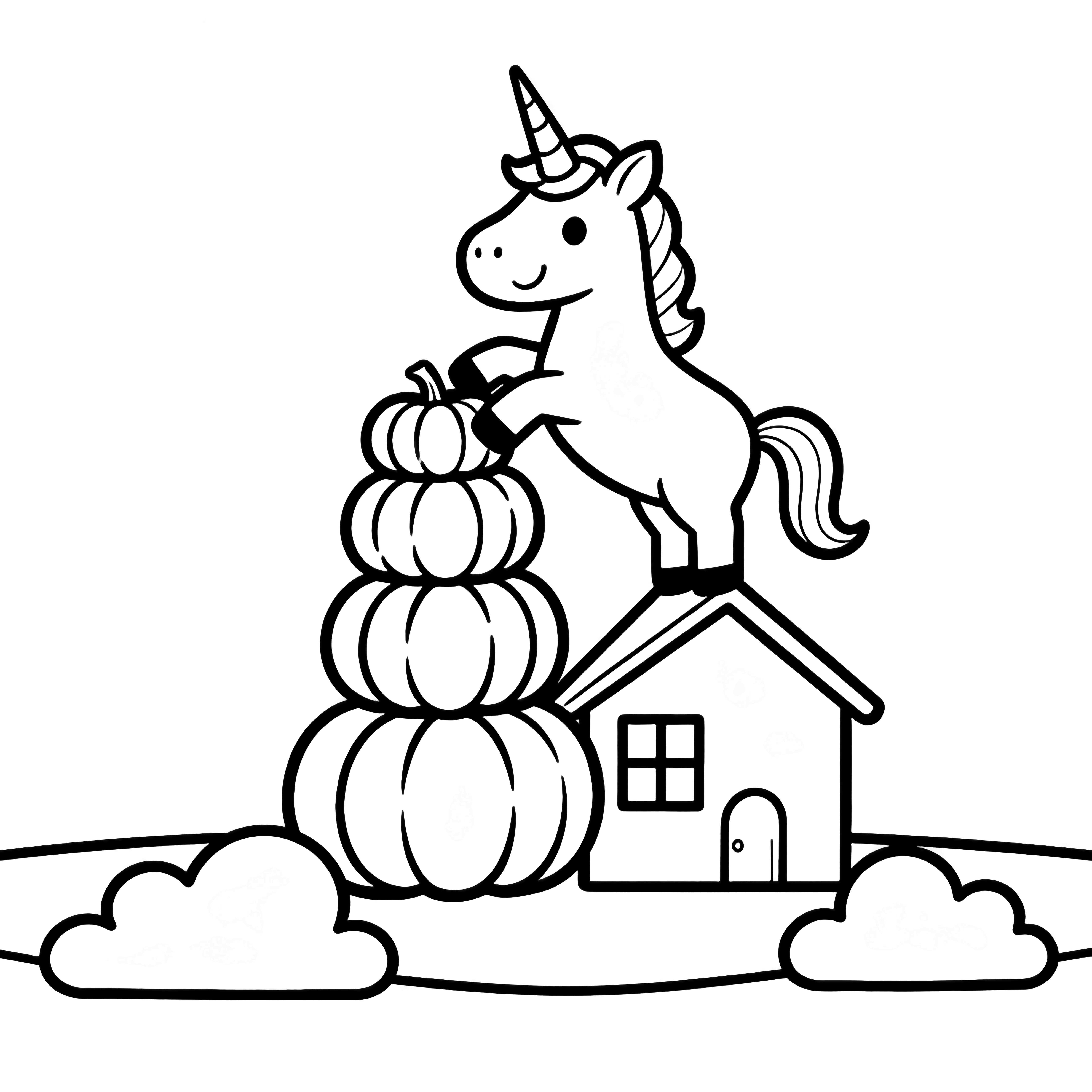 A unicorn rears up, stacking pumpkins onto a tiny house with square windows and a small door; two clouds float above a ground line. kleurplaat