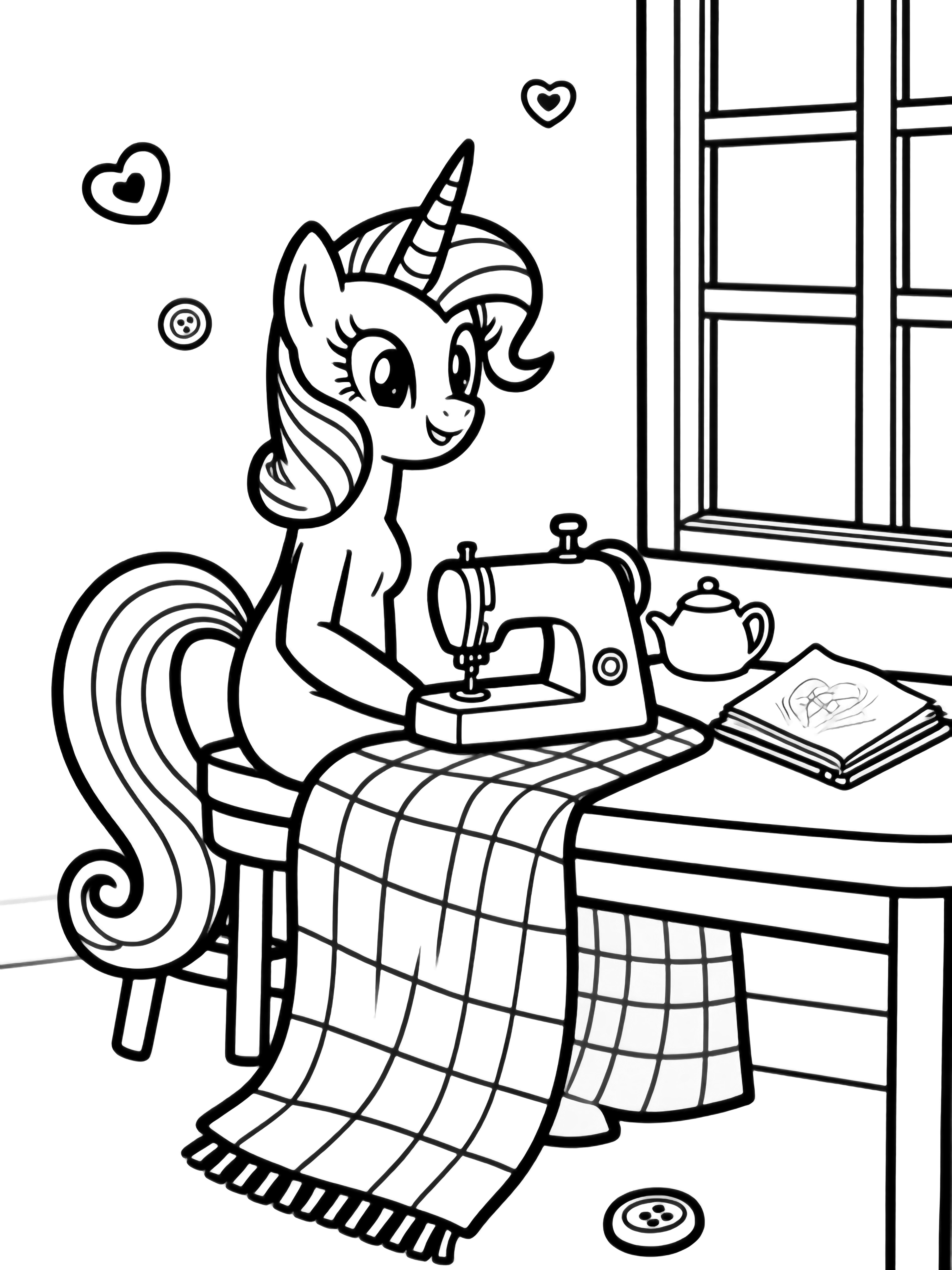Rarity sits at a sewing machine, her tail curled around it; a teapot, open sketchbook, and checkered scarf rest on the table while heart-shaped buttons drift in the air near a window. kleurplaat