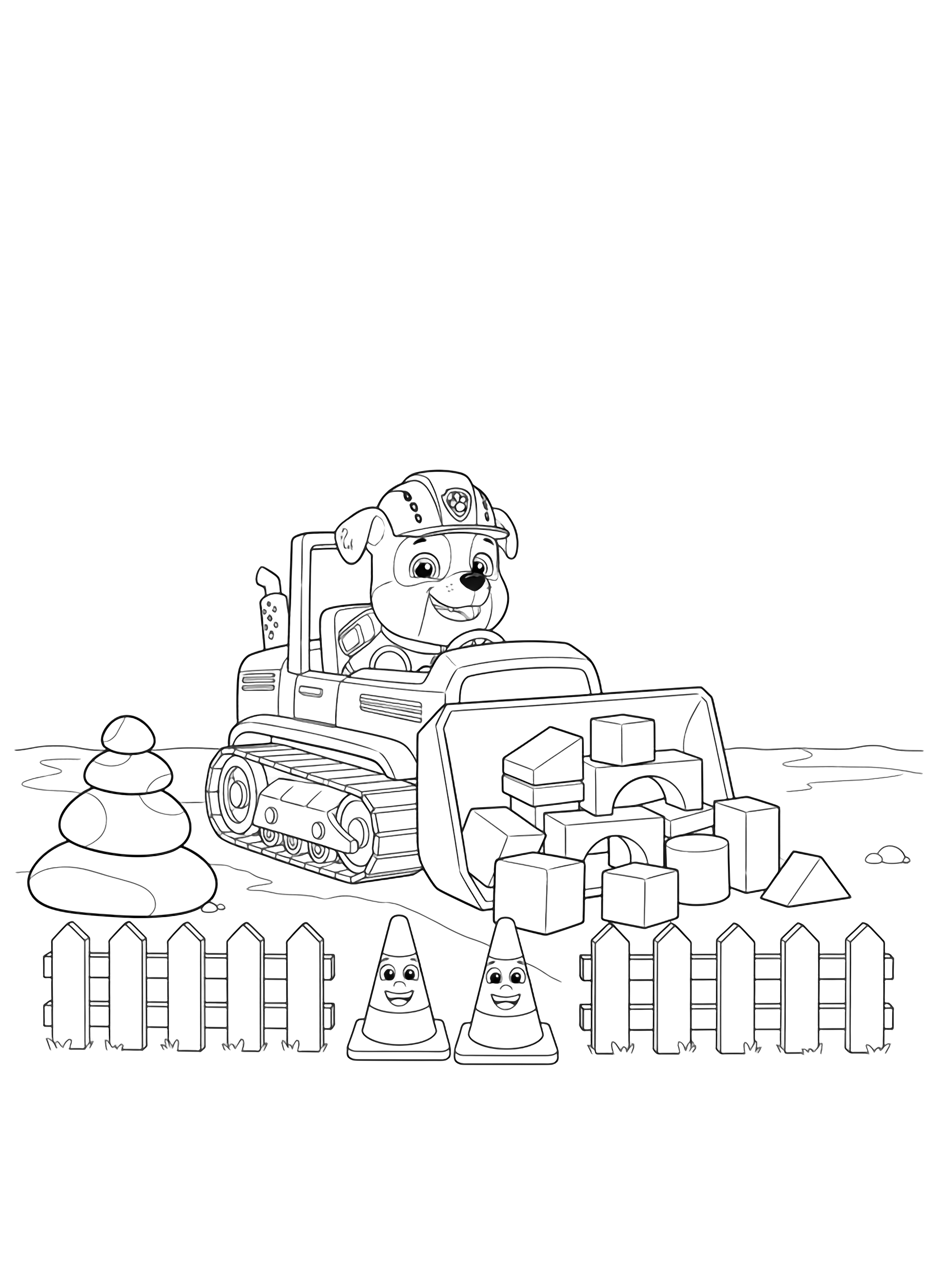 A black and white page of Rubble cheerfully driving his sturdy bulldozer pushing a neat heap of oversized toy like building blocks across the site In the foreground three happy traffic cones stand guard beside a simple picket fence On the left a friendly stack of chunky stones waits to be used clean black and white line drawing minimal shading no colour no fill kleurplaat