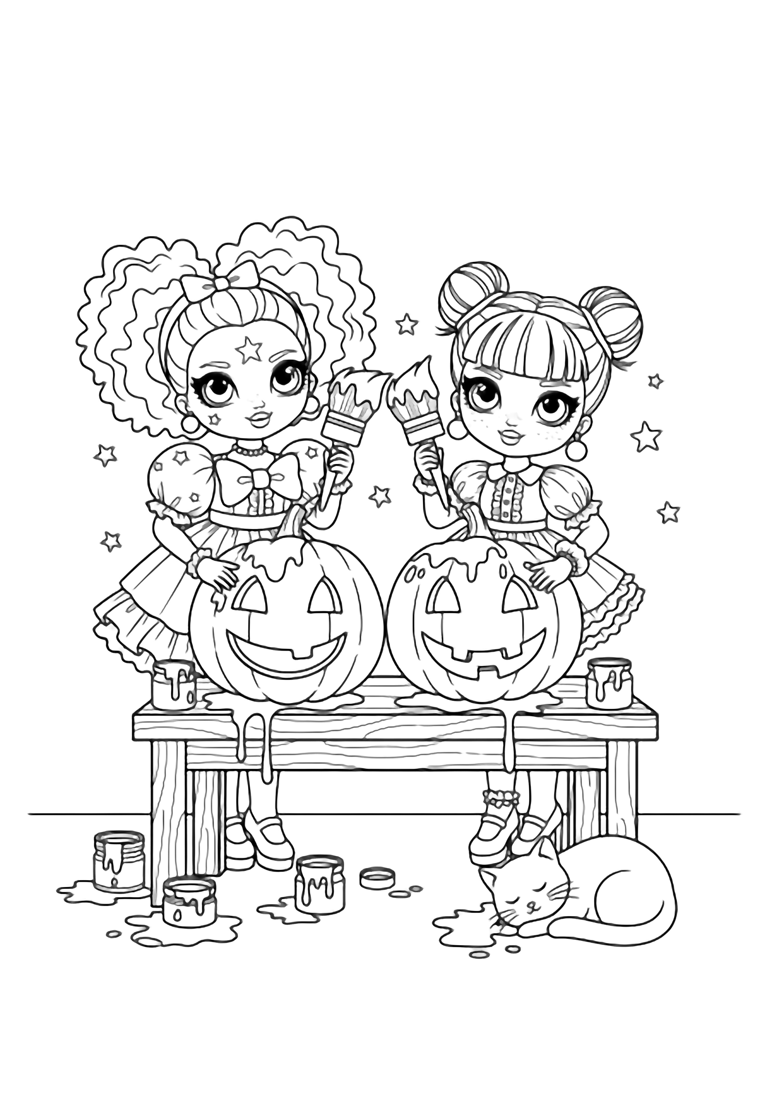 Diva and Bon Bon cheerfully paint giant smiley pumpkins at a small wooden table, surrounded by spilled pots, tiny stars, and a curled cat. kleurplaat