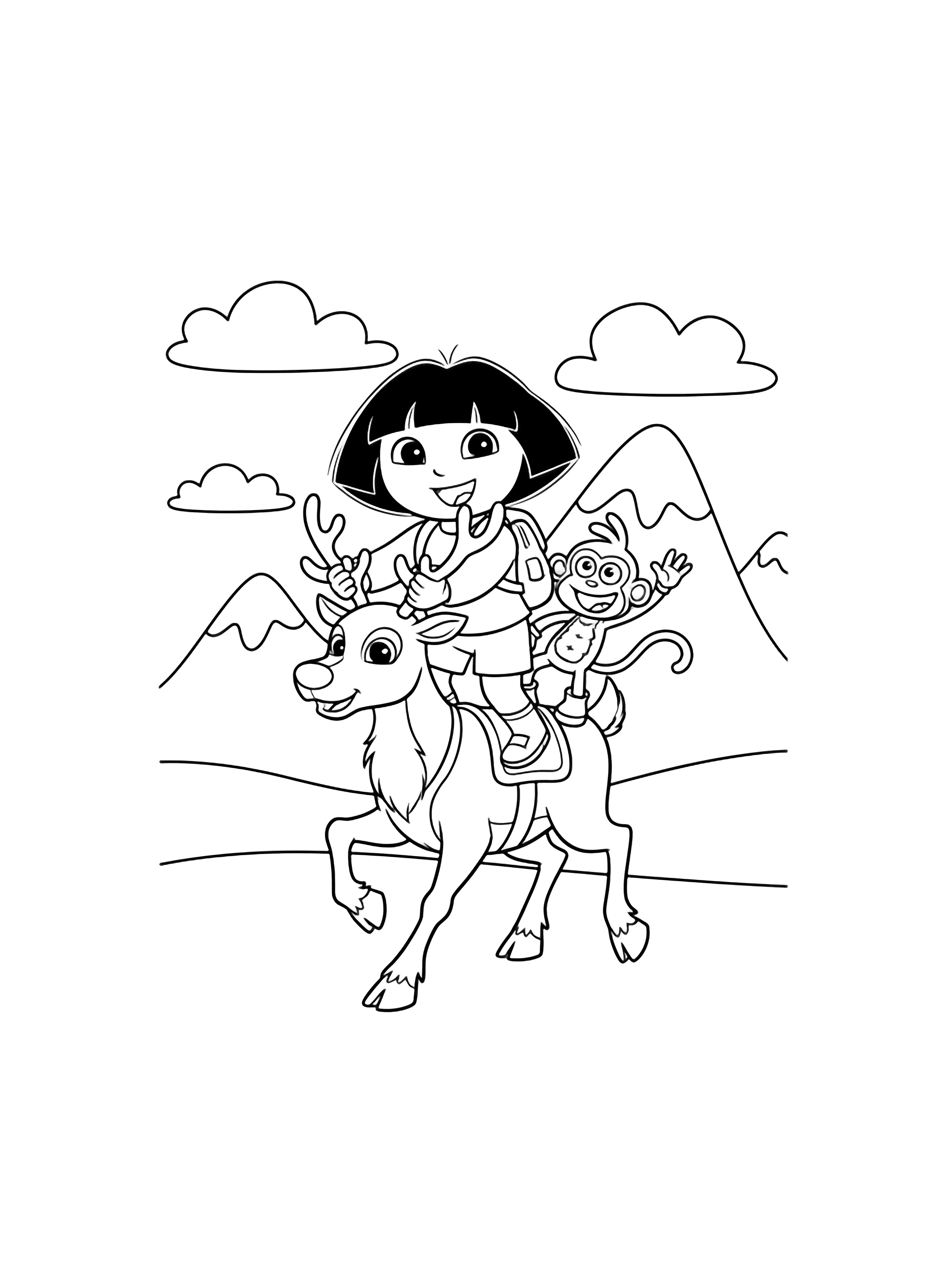 Dora smiles while riding a trotting reindeer, gripping its antlers; Boots waves beside her; snowy peaks and drifting clouds behind. kleurplaat