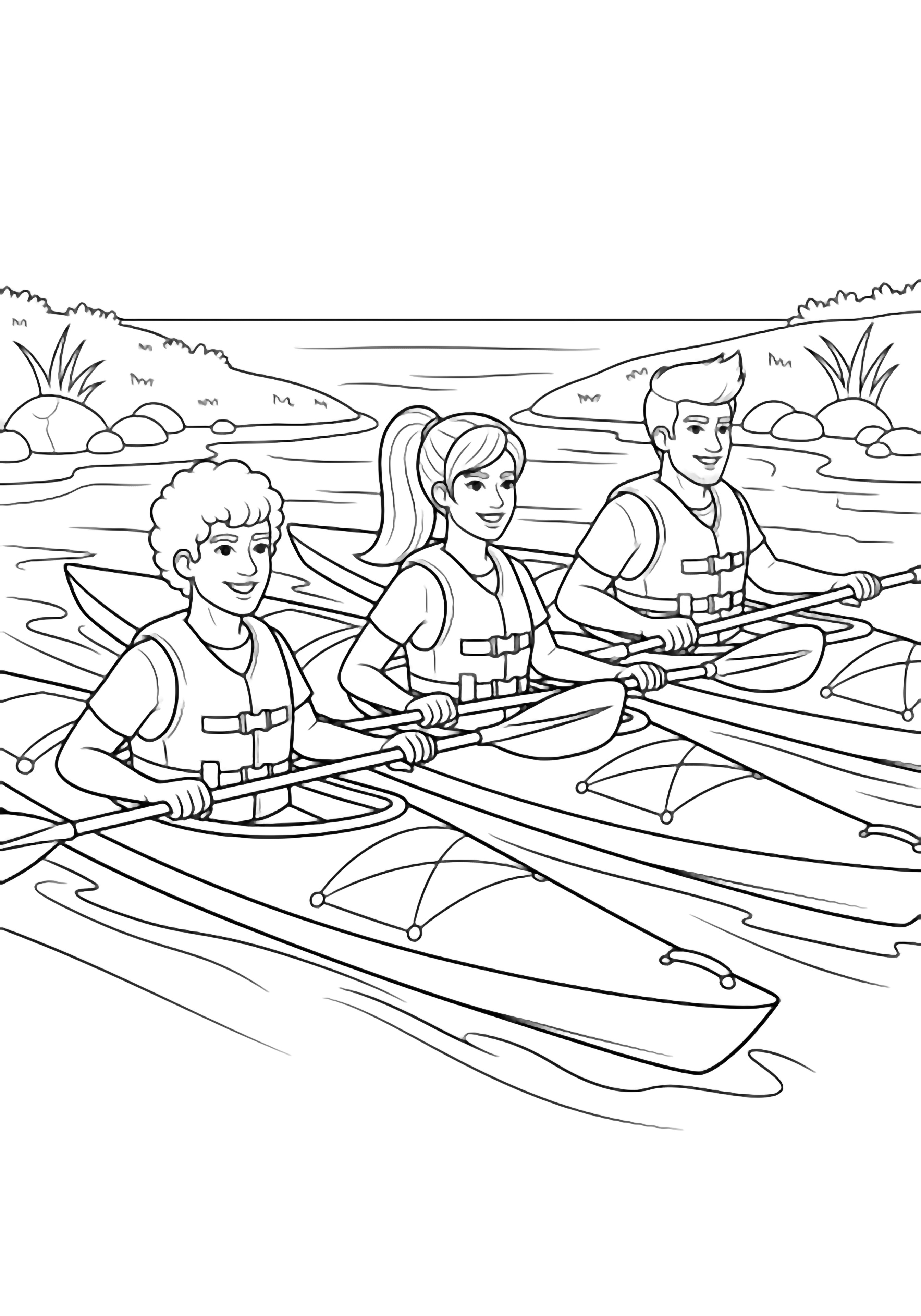 Three friends with different hairstyles paddle kayaks side by side on calm water, smiling, wearing life vests, gentle riverbank waves. kleurplaat