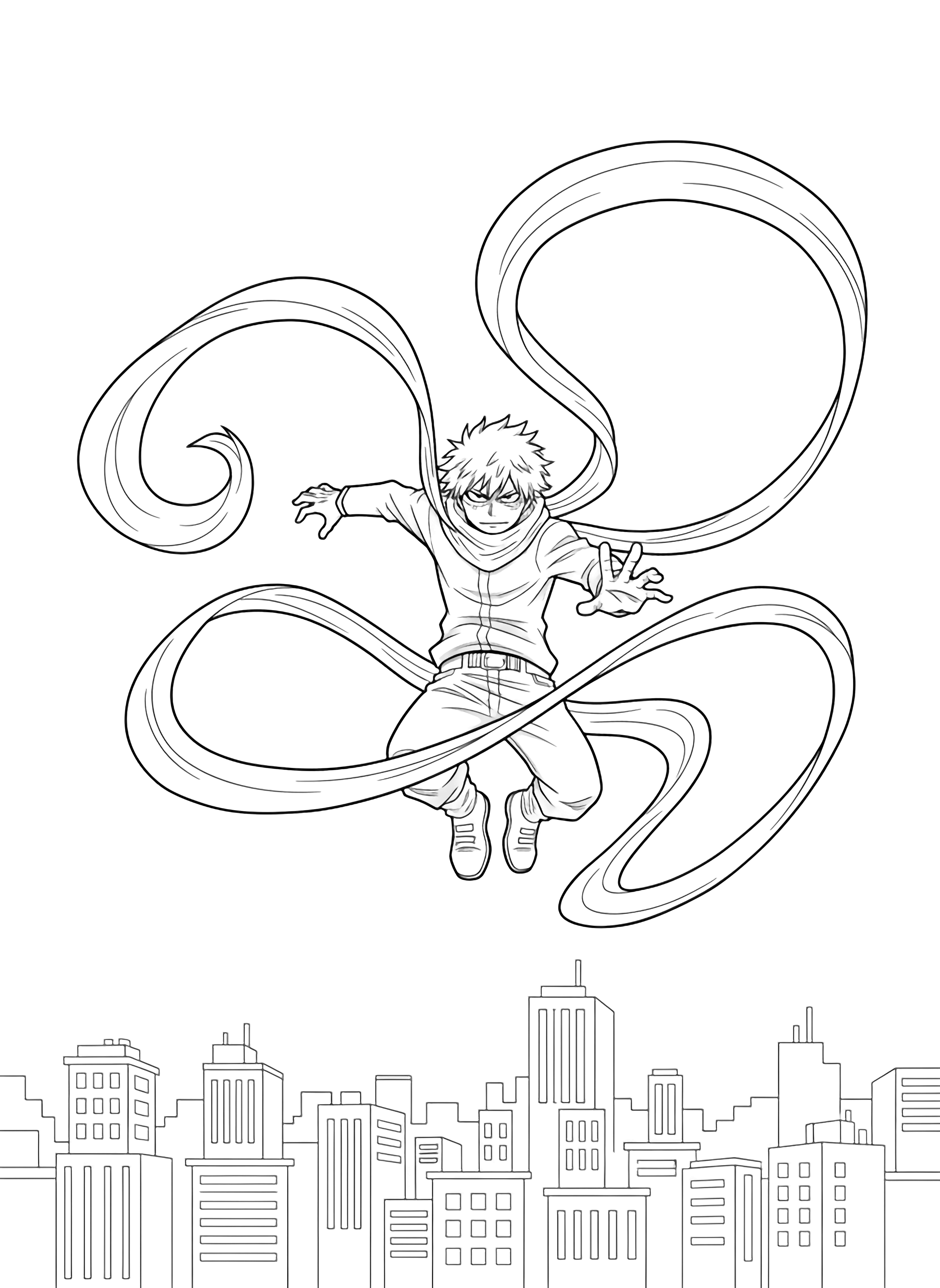 Eraser Head leaps through the air, his long scarf swirling in wide loops, simple city skyline behind him. kleurplaat
