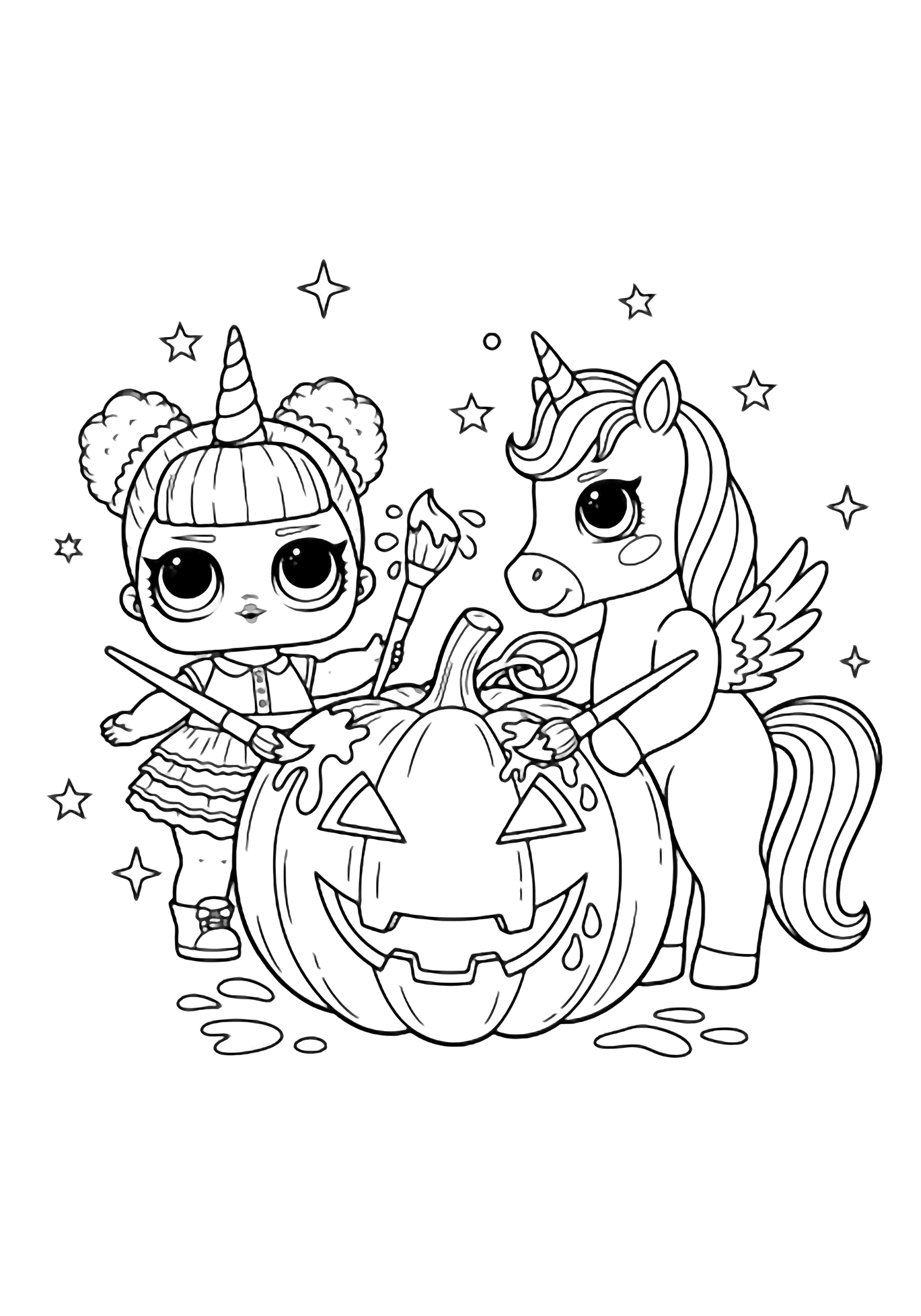 A doll with a unicorn horn and a unicorn cheerfully paint a giant smiling pumpkin, brushes flicking paint while tiny stars and sparkles float around them. kleurplaat