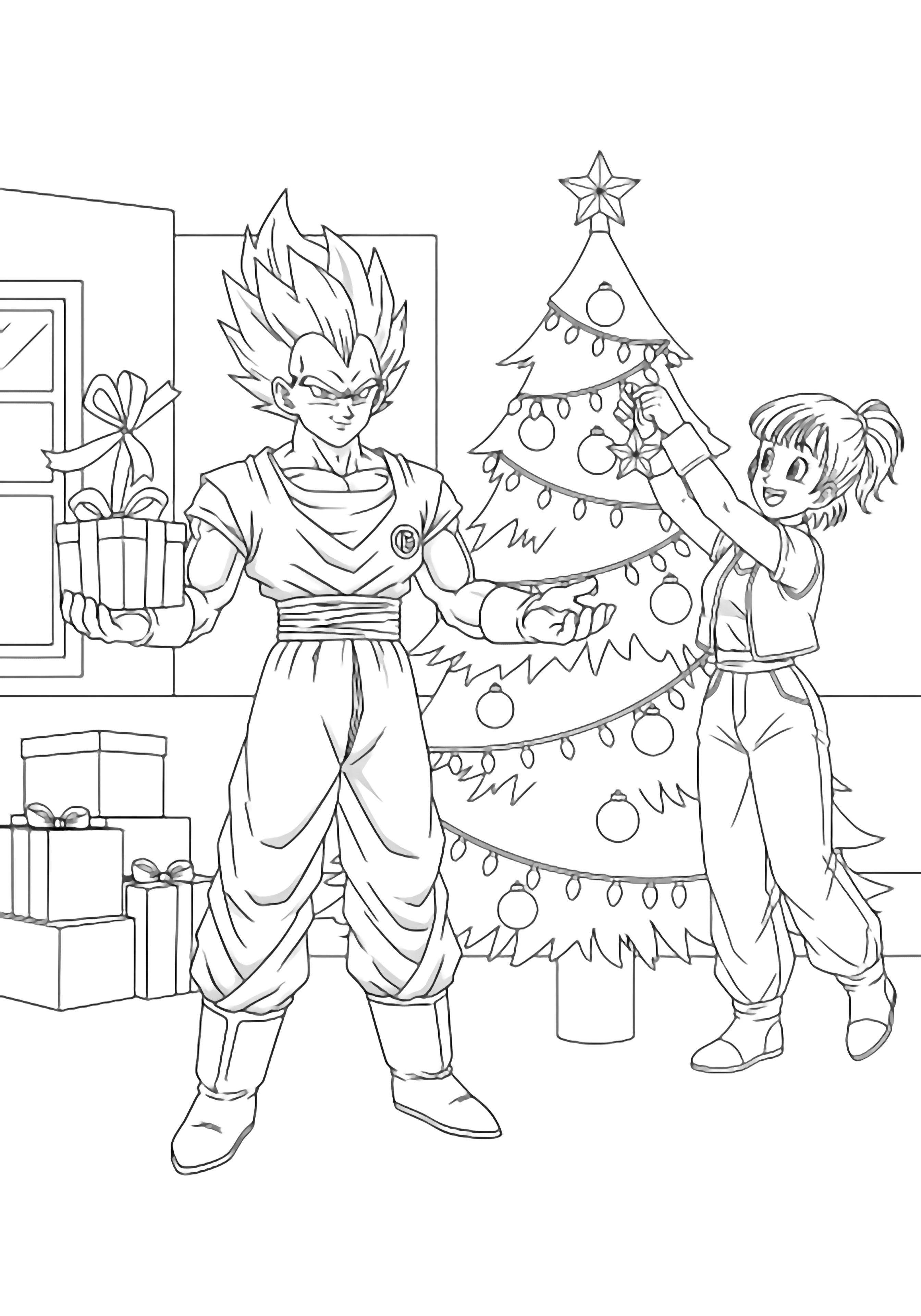 Vegeta holds a half-wrapped gift stiffly; Bulma hangs a star on a tree, smiling beside stacked boxes and baubles in a simple room. kleurplaat