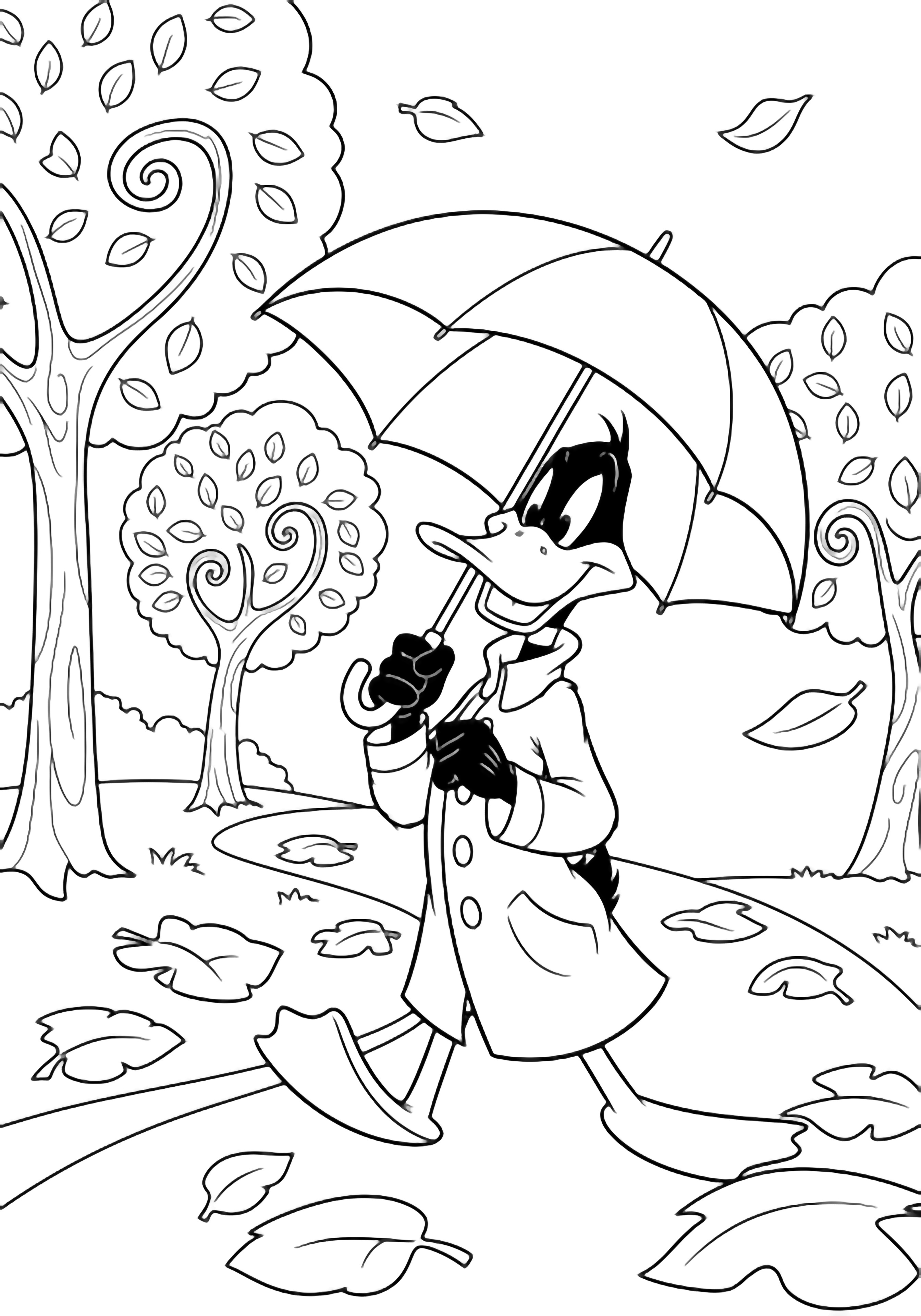 Daffy Duck in a long coat strolls along a leaf-strewn path, open umbrella overhead, smiling beneath swirling trees and drifting leaves. kleurplaat