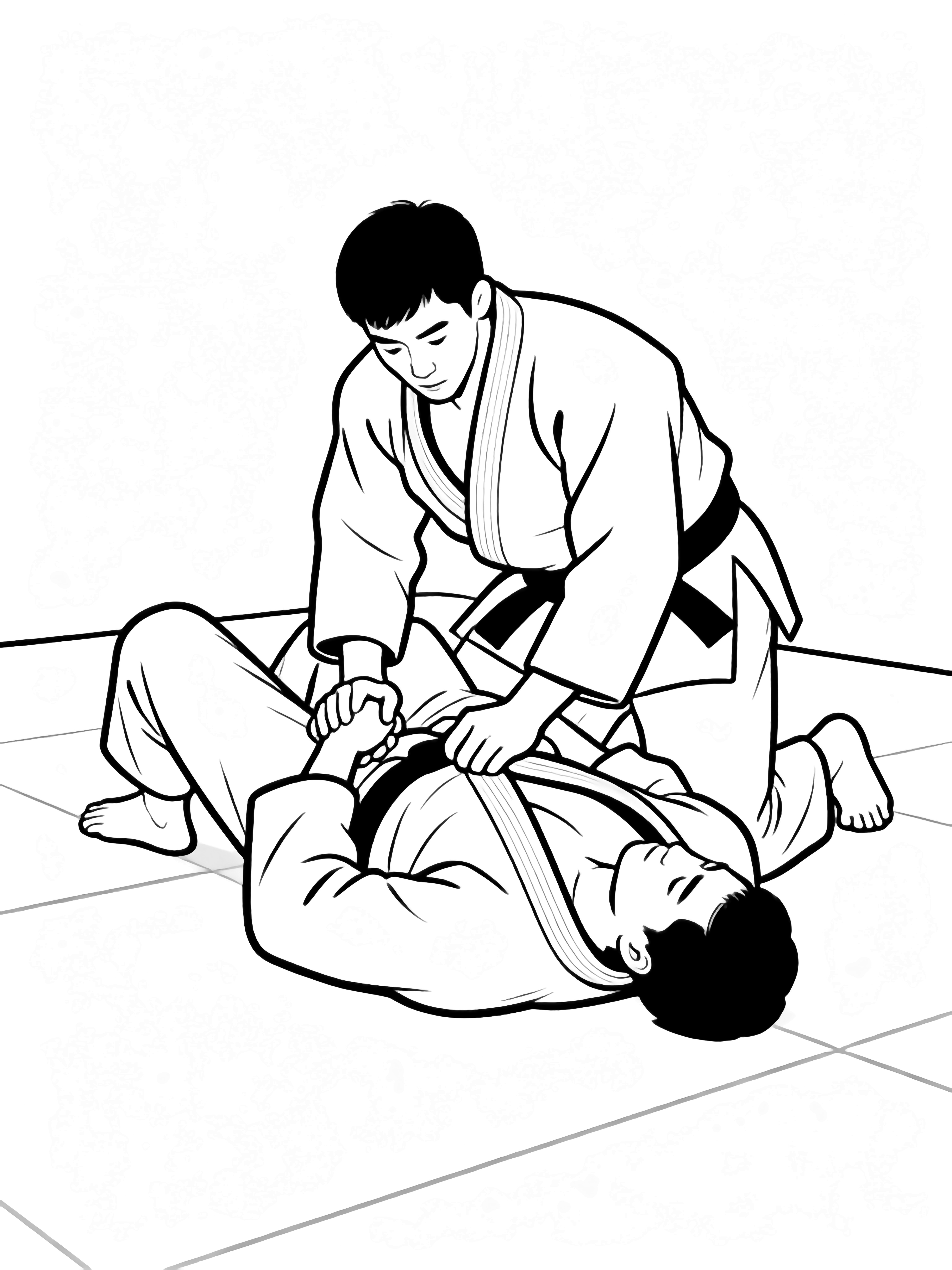 Twee judoka’s op een mat; de een ligt op zijn rug vastgepind, de ander knielt gebogen over hem in gi’s en banden. kleurplaat