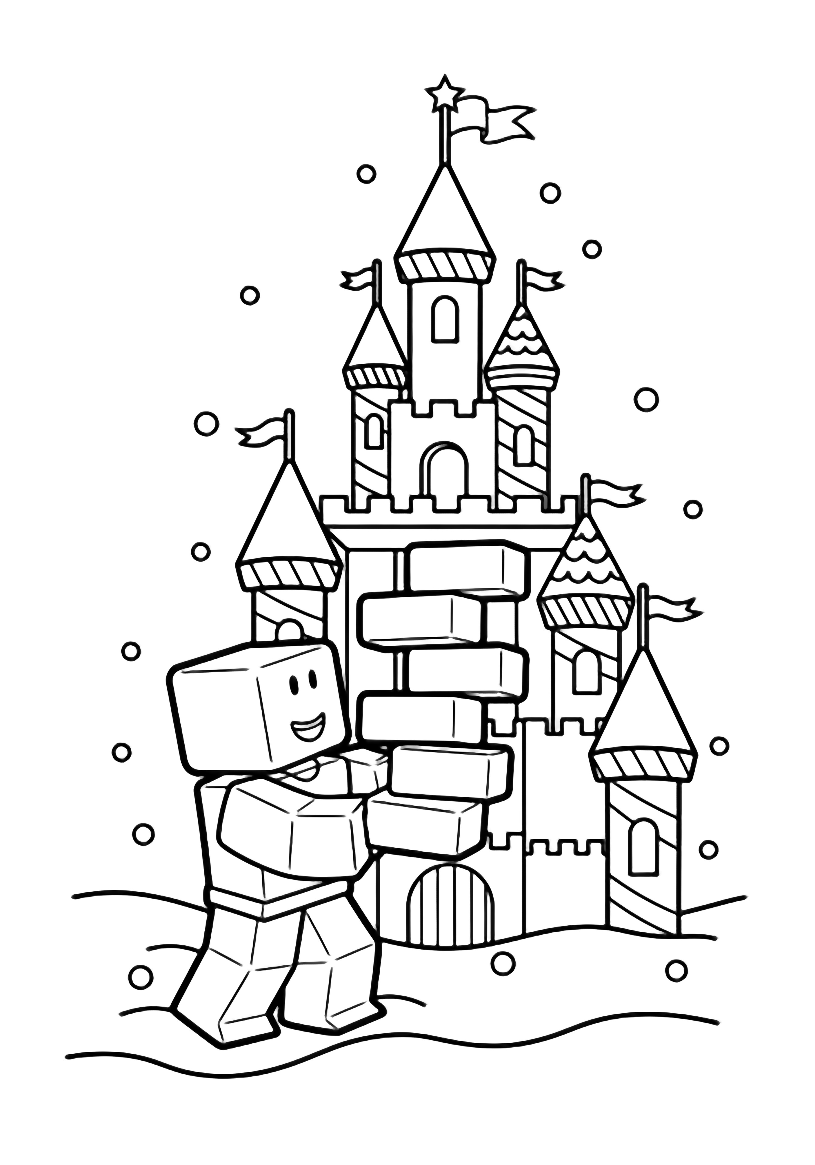 Roblox avatar builds a tall Christmas castle from snow bricks, adding candy-cane turrets and a star flag while snowflakes drift over the snowy ground. kleurplaat