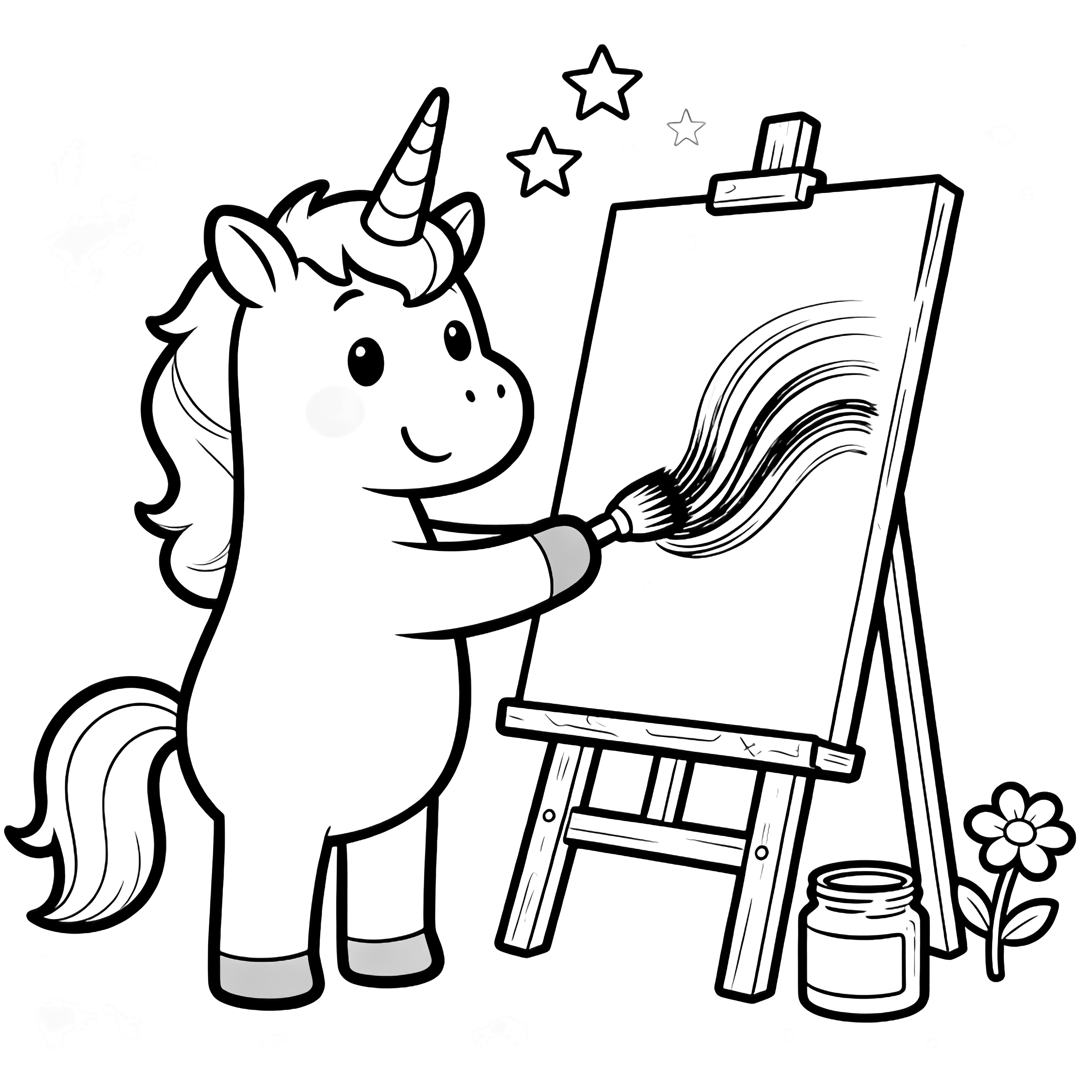 A smiling unicorn paints at an easel; stars drift above while a jar and a flower sit nearby. kleurplaat