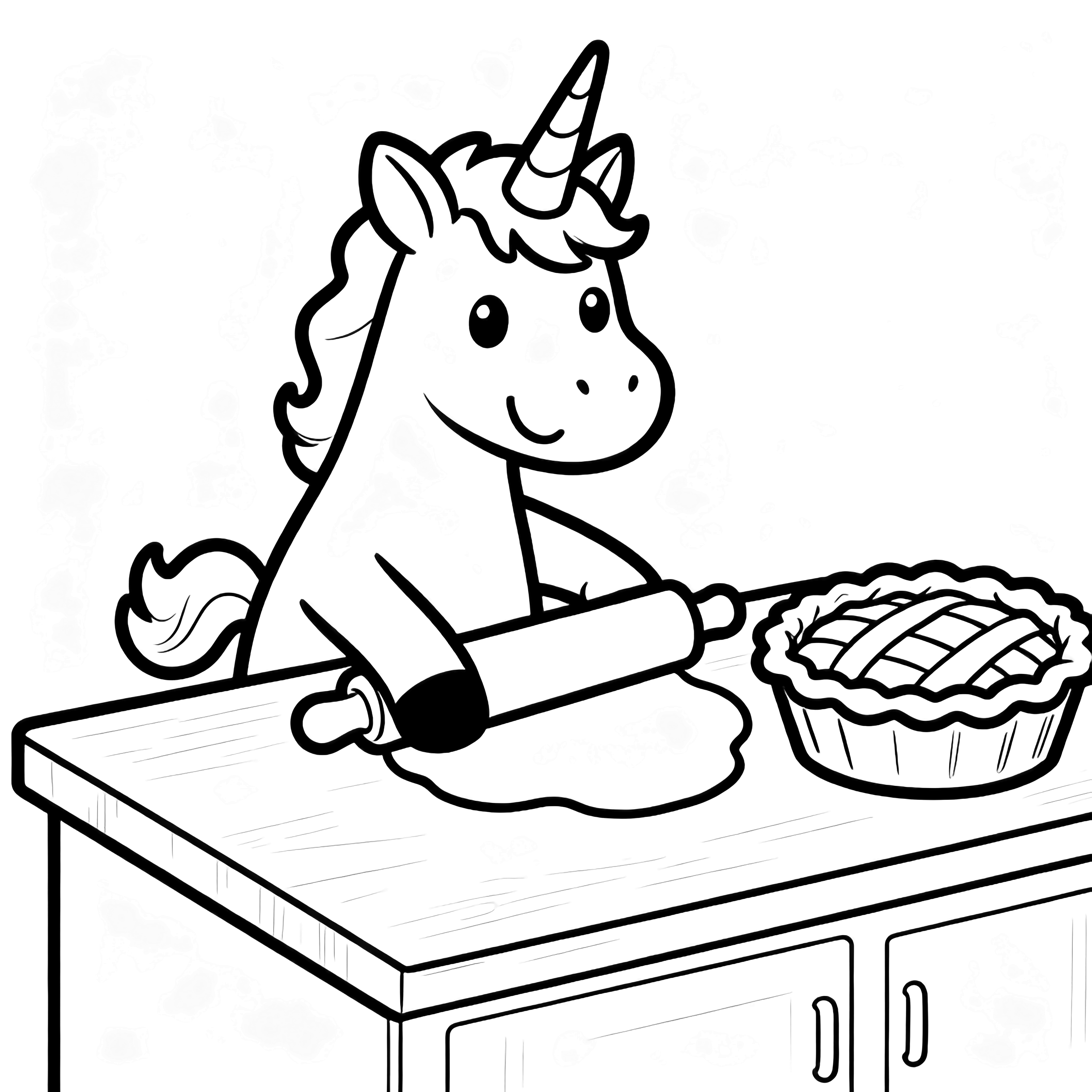A cheerful unicorn rolls dough on a kitchen counter, apples and a pie tin nearby. kleurplaat