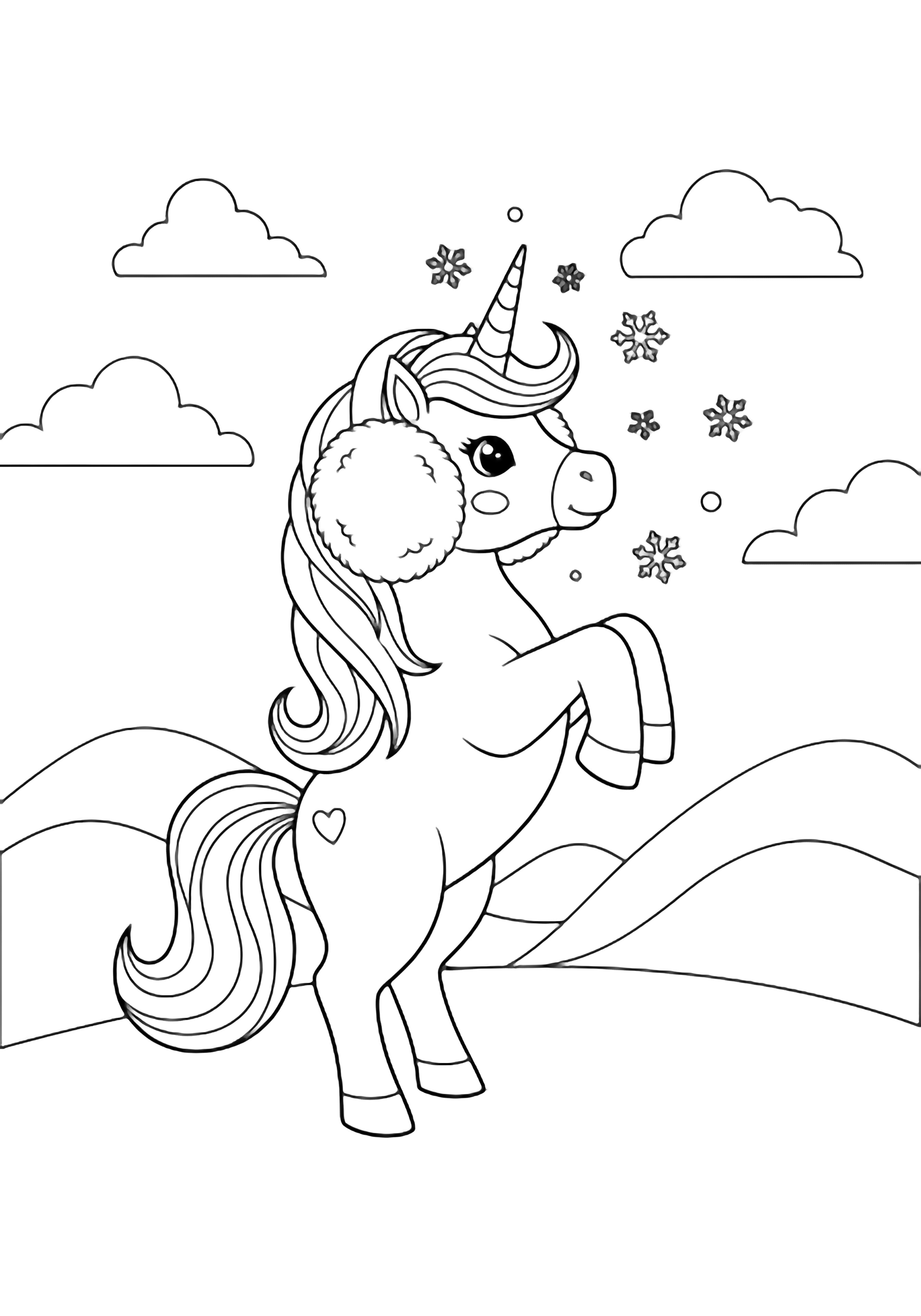 A kawaii unicorn wearing big earmuffs rears up playfully, catching snowflakes in its flowing mane, with simple hills and clouds behind. kleurplaat