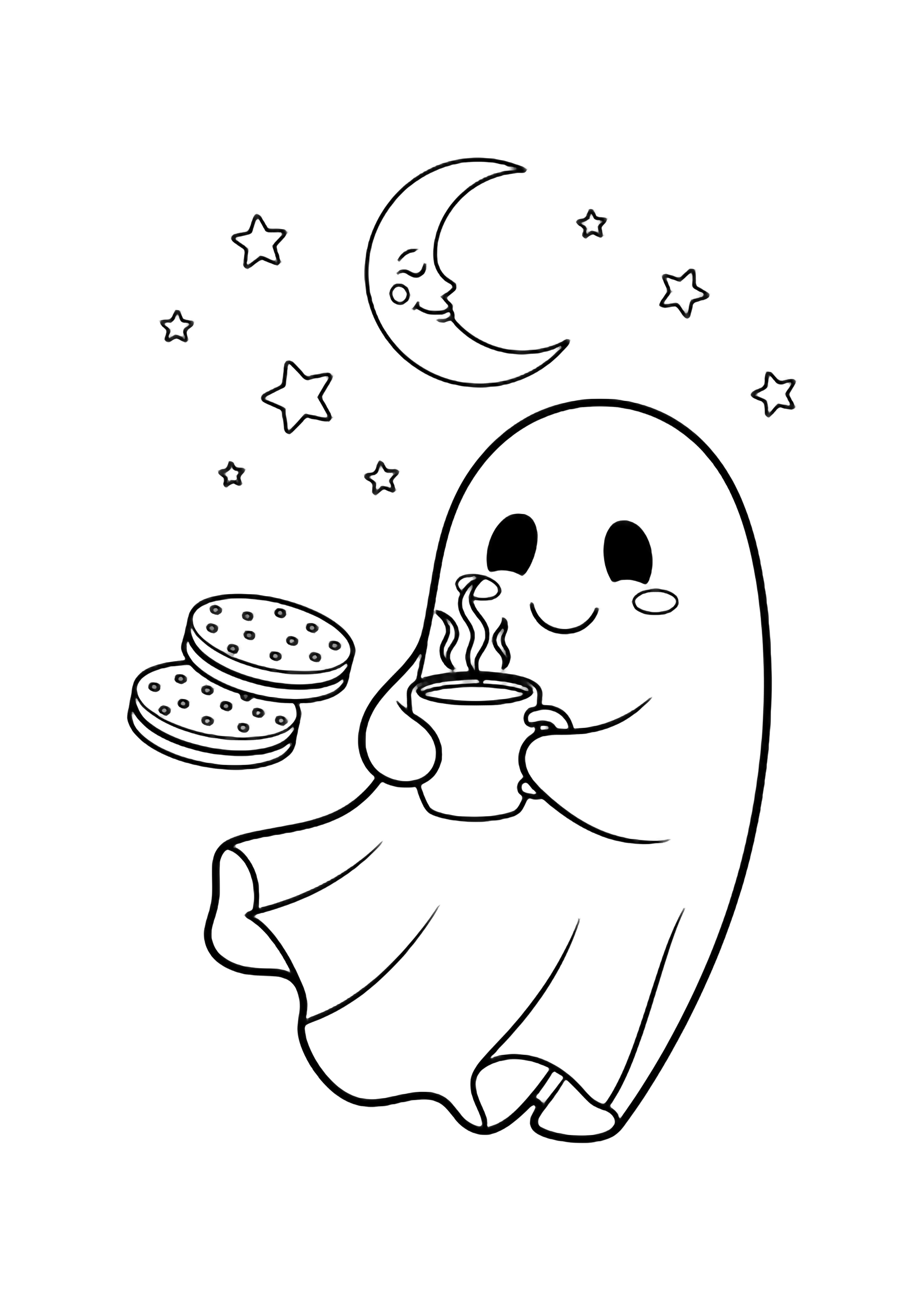 A smiling ghost hovers, clutching a steaming mug; two stacked cookies drift nearby, while stars and a cheerful moon encircle the cozy scene. kleurplaat