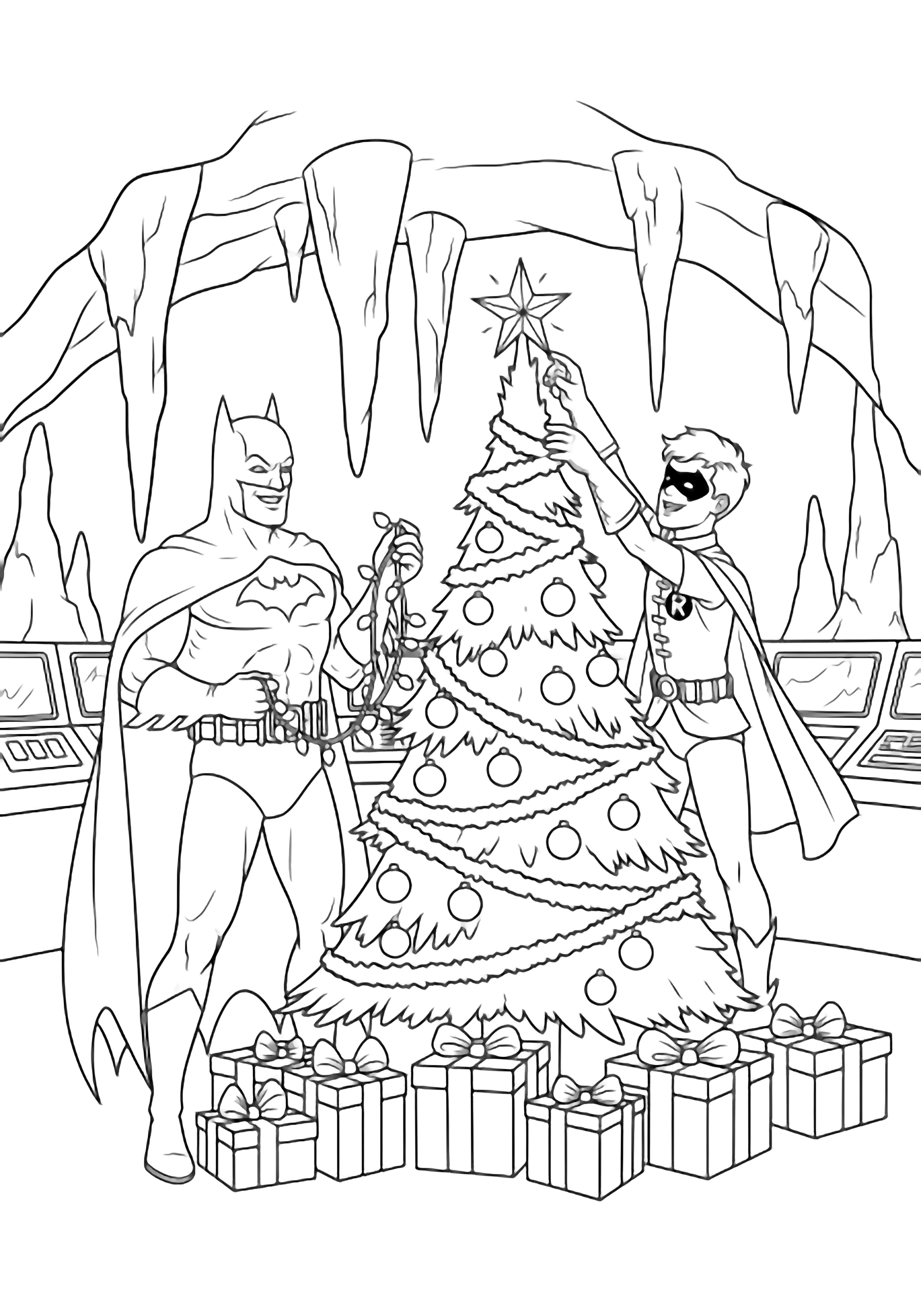 Batman and Robin happily decorate a giant star-topped Christmas tree in the Batcave, surrounded by stalactites, consoles, and empty gift boxes. kleurplaat