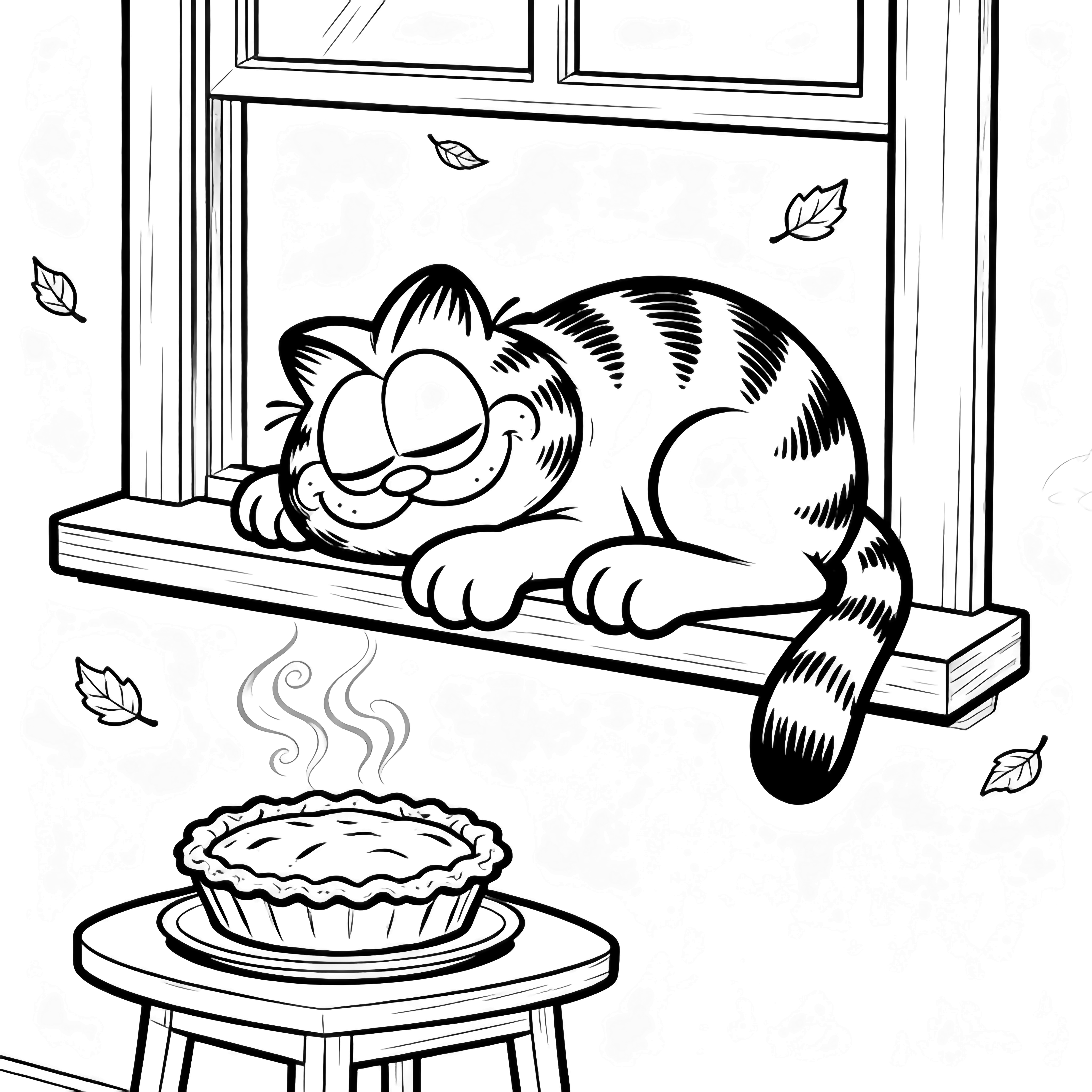 Garfield naps on a narrow windowsill, paws dangling; below, a steaming pumpkin pie sits on a small table while tiny leaves drift past a simple frame. kleurplaat