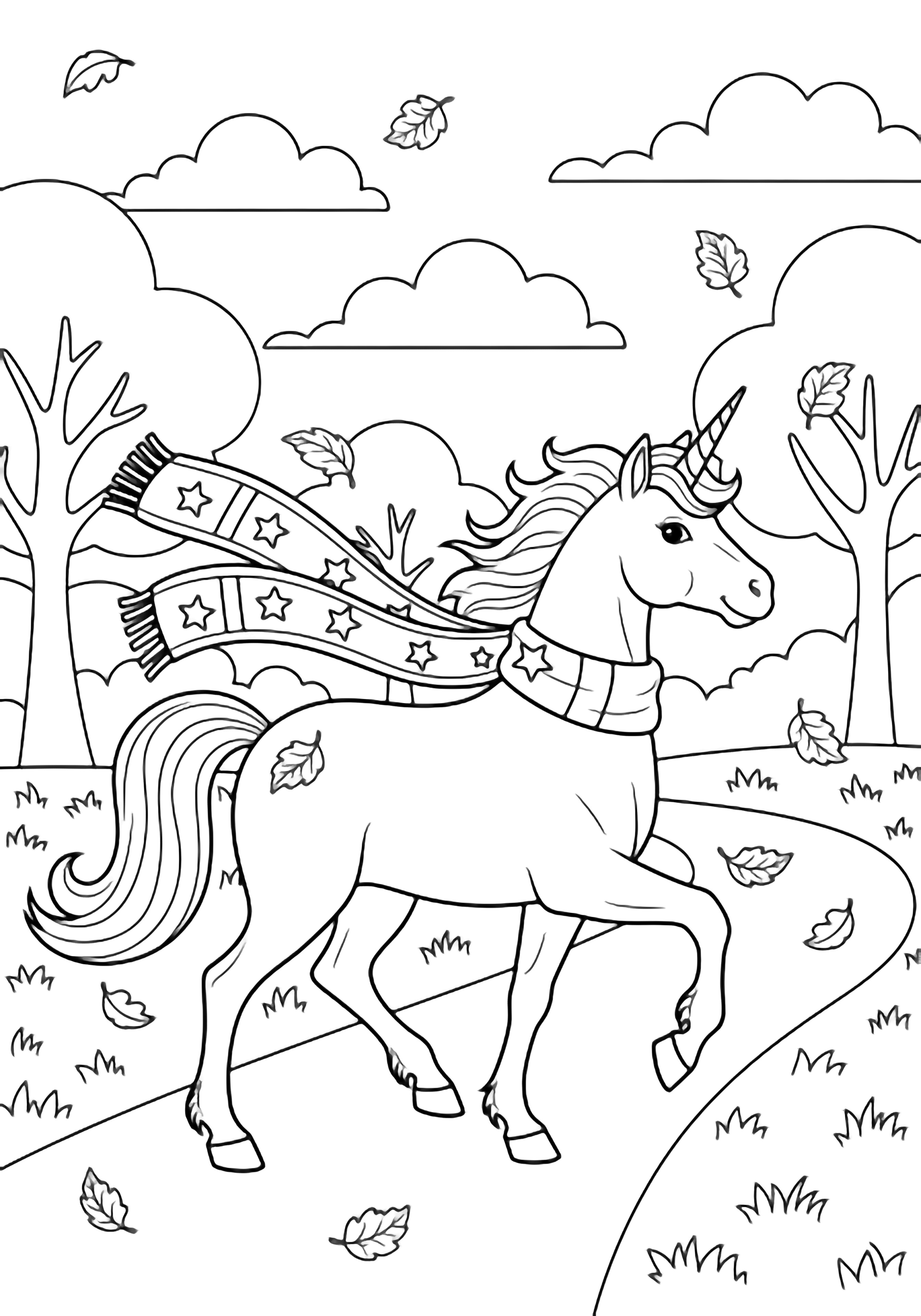 A smiling unicorn trots along a winding park path, its scarf billowing as leaves swirl, clouds drift, and simple trees frame the scene. kleurplaat