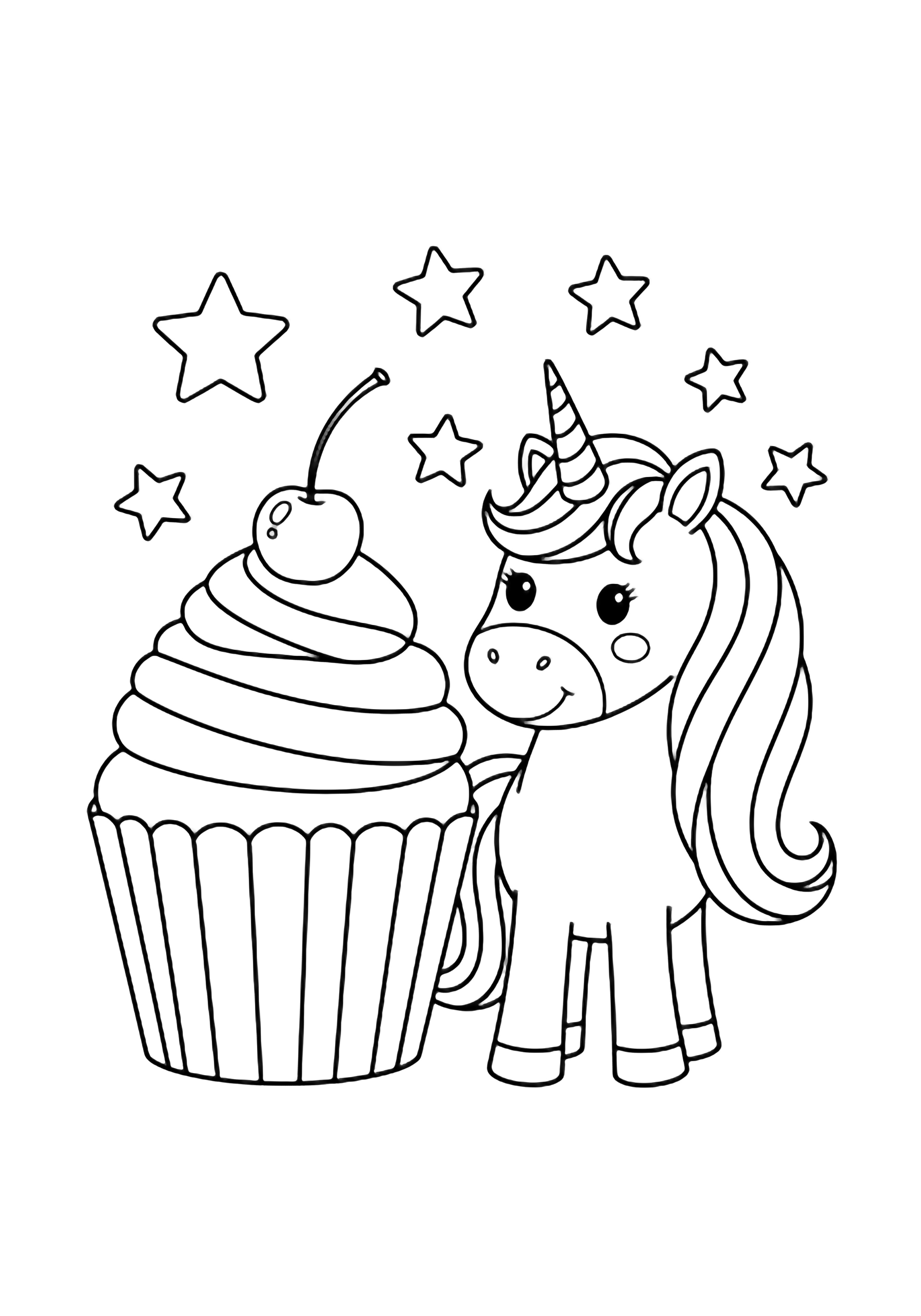 A happy unicorn stands next to a tall cherry-topped cupcake, surrounded by floating five-point stars. kleurplaat
