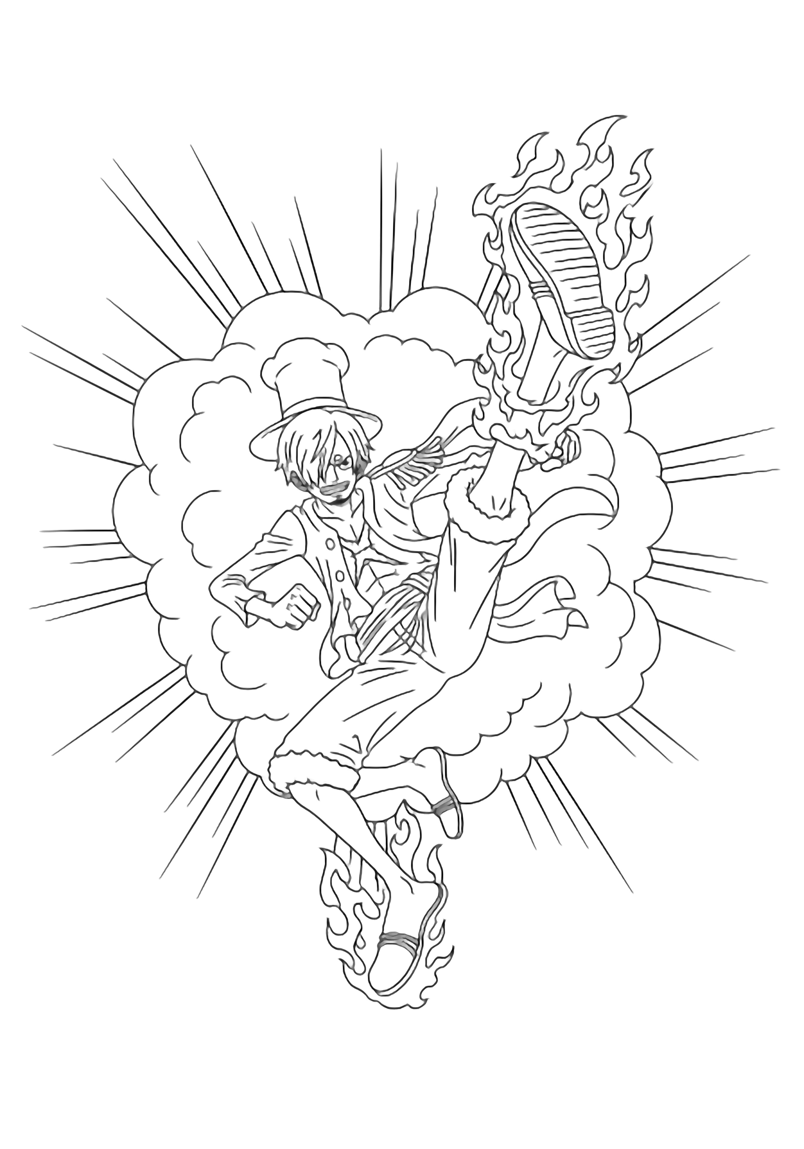 Sanji leaps mid-kick, one leg wreathed in jagged flames, coat tails fluttering, against a simple burst of clouds. kleurplaat