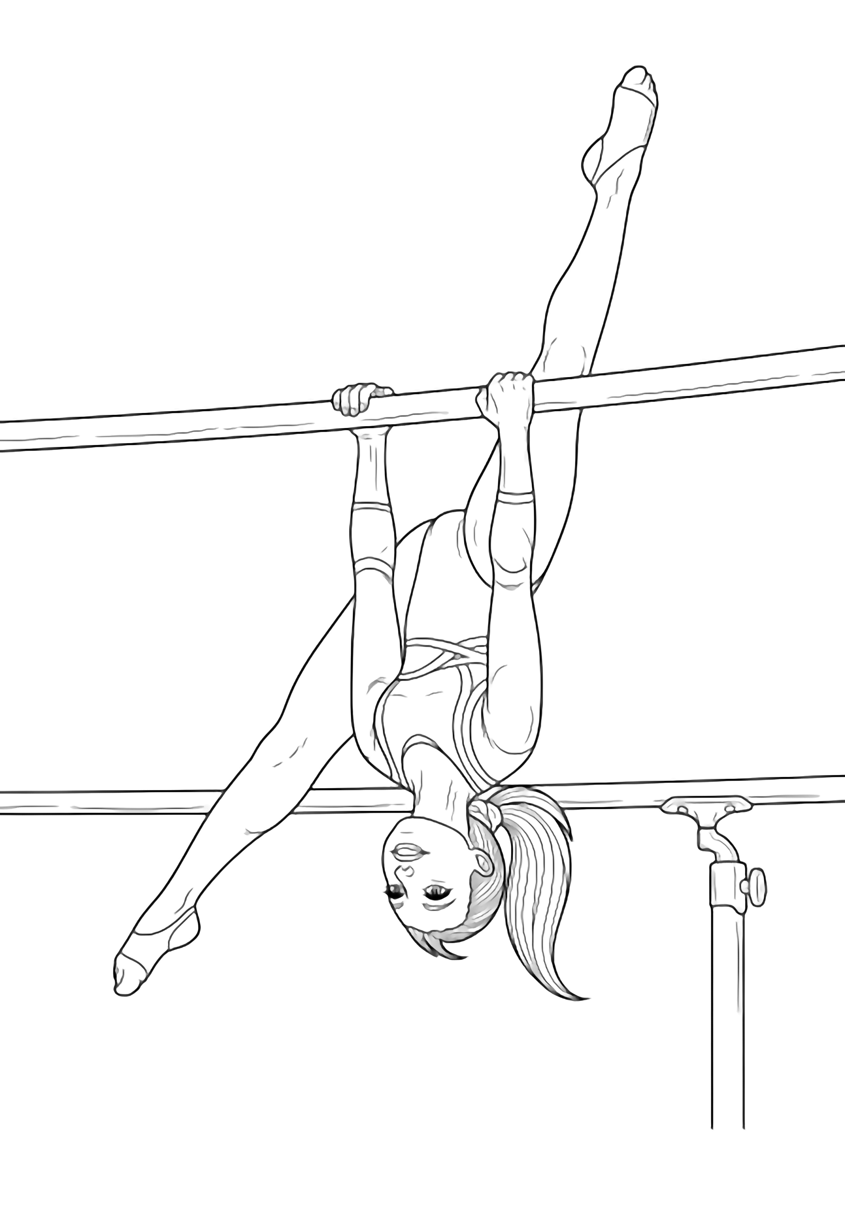 A smiling gymnast in a leotard hangs upside-down from parallel bars, legs gracefully split, ponytail arcing. kleurplaat