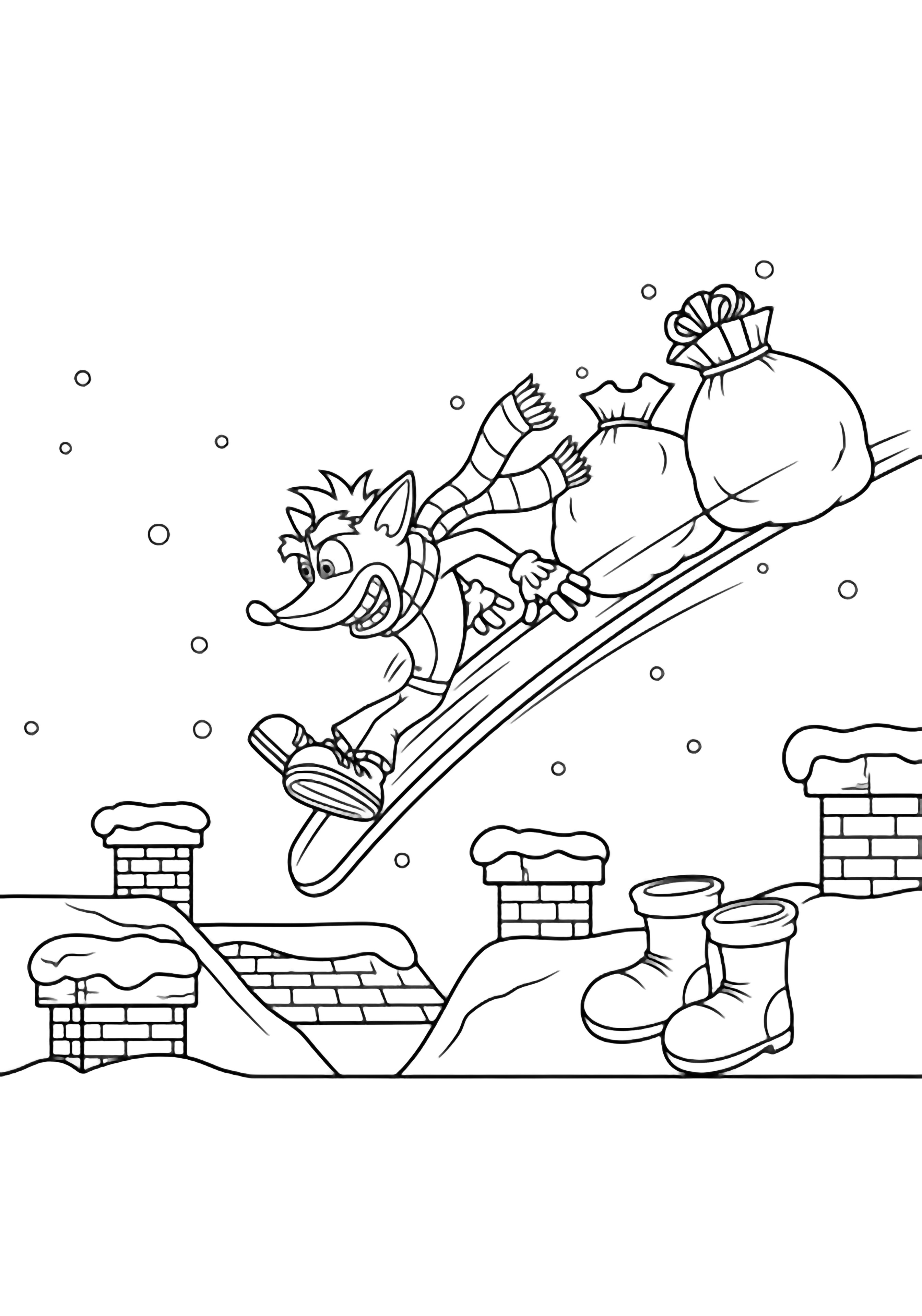 Crash Bandicoot sliding across snowy rooftops, scarf fluttering, bulging gift sacks bouncing behind him, chimneys below, empty boots waiting, light snowflakes drifting. kleurplaat