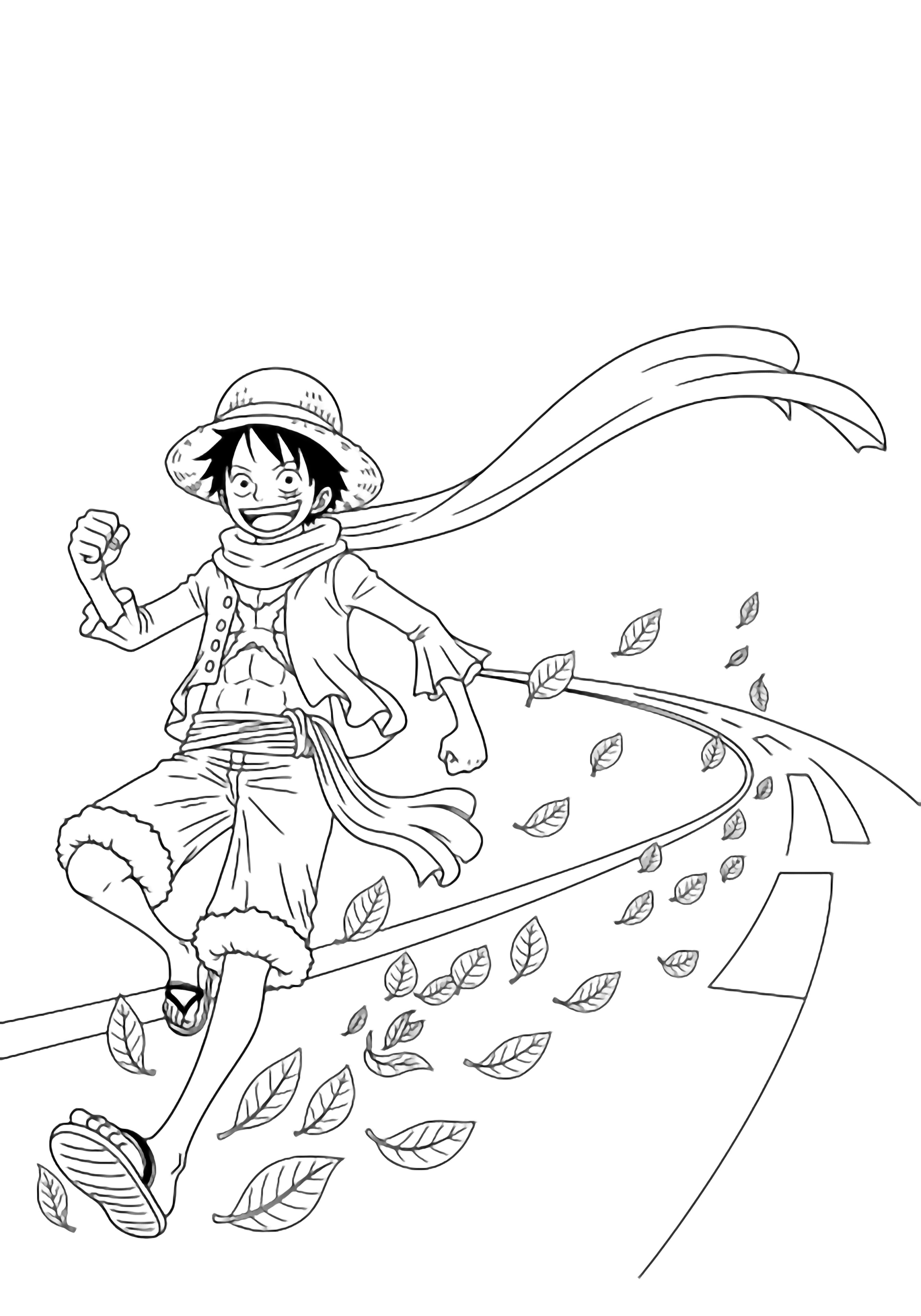 Luffy strides forward, oversized scarf billowing, swirling leaves and curved street around him. kleurplaat