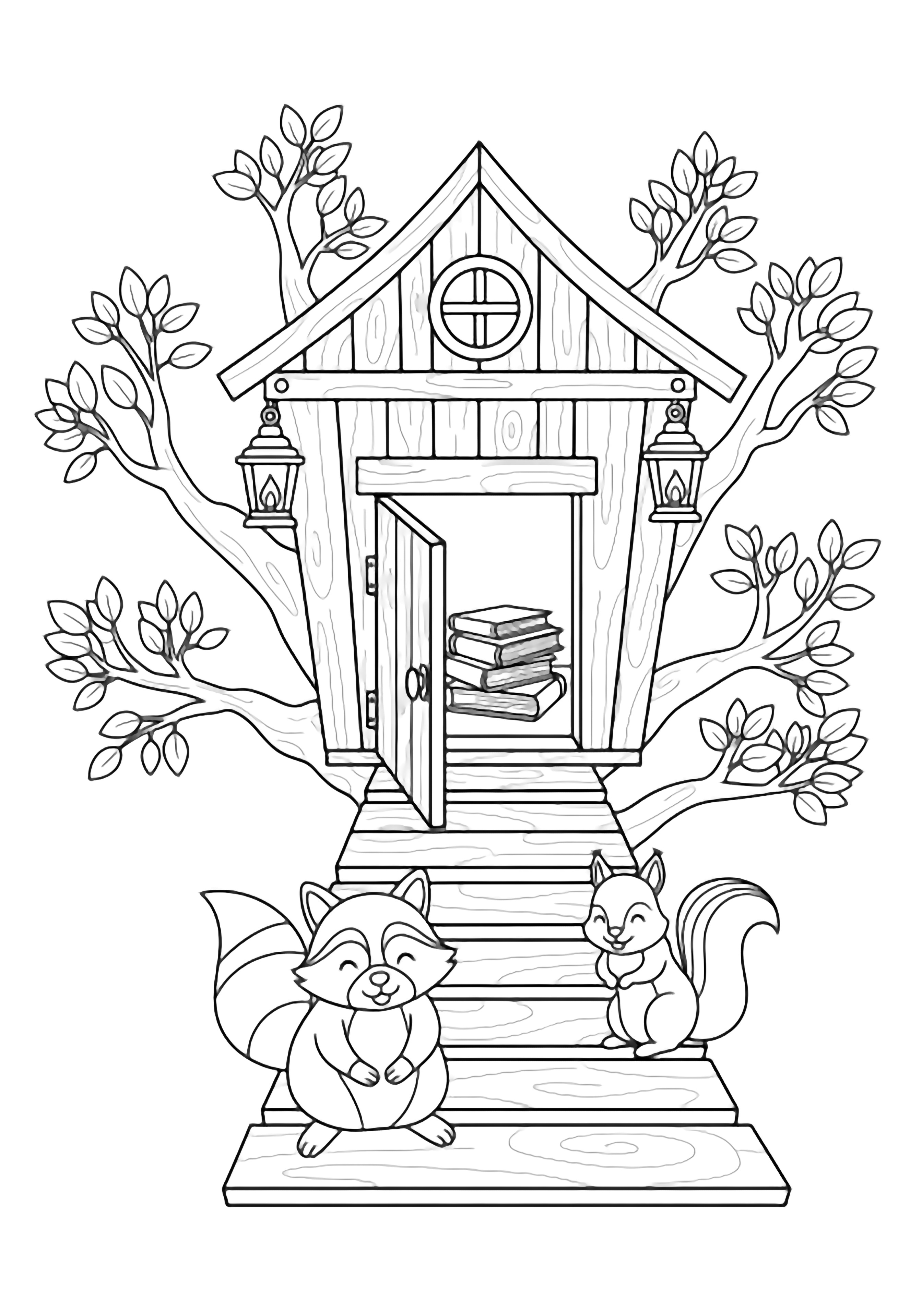 A treehouse in leafy branches, open door revealing stacked books and hanging lanterns; a smiling raccoon and squirrel sit on wide plank steps. kleurplaat