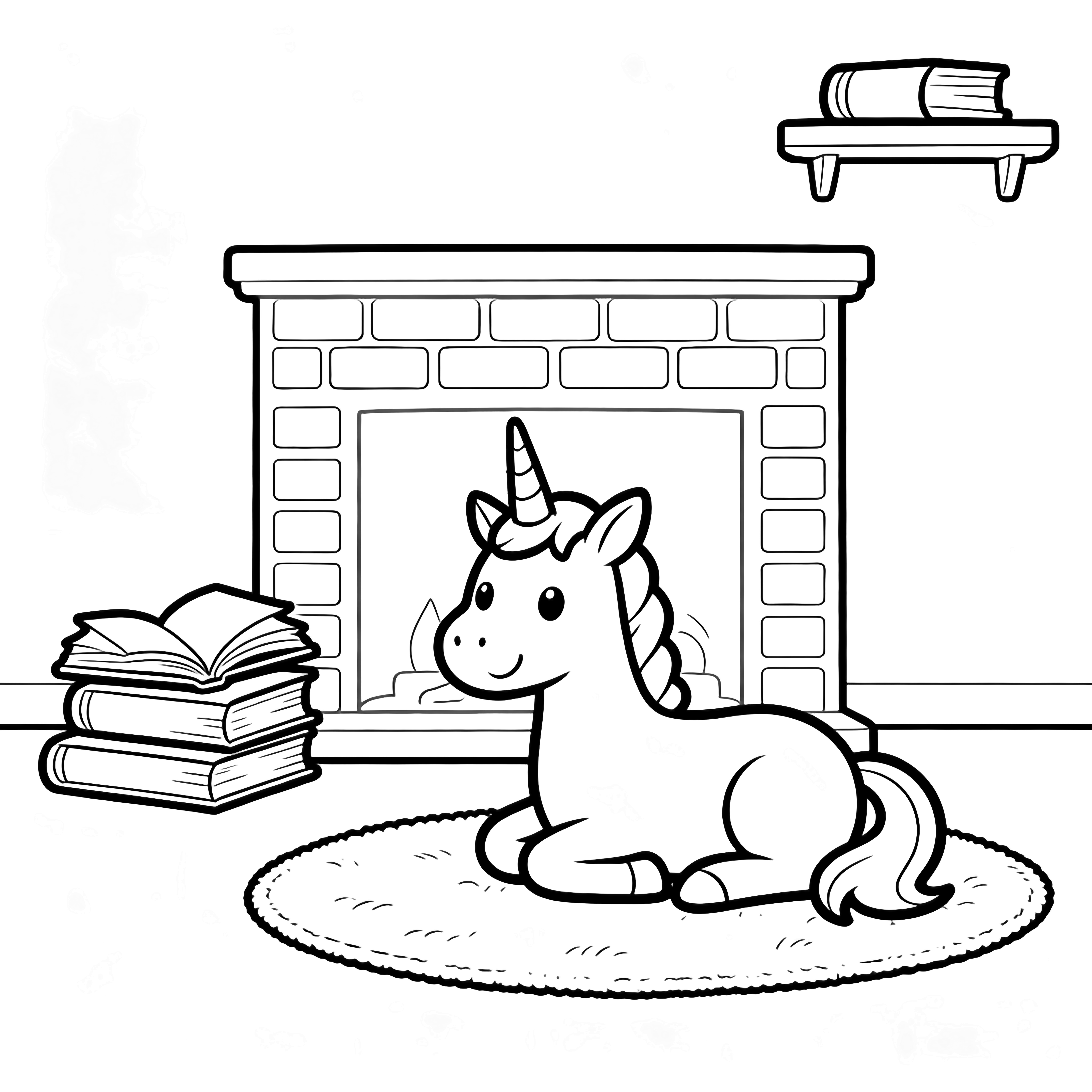 A smiling unicorn relaxes on a rug; a brick fireplace behind, stacked books below a shelf with another book. kleurplaat
