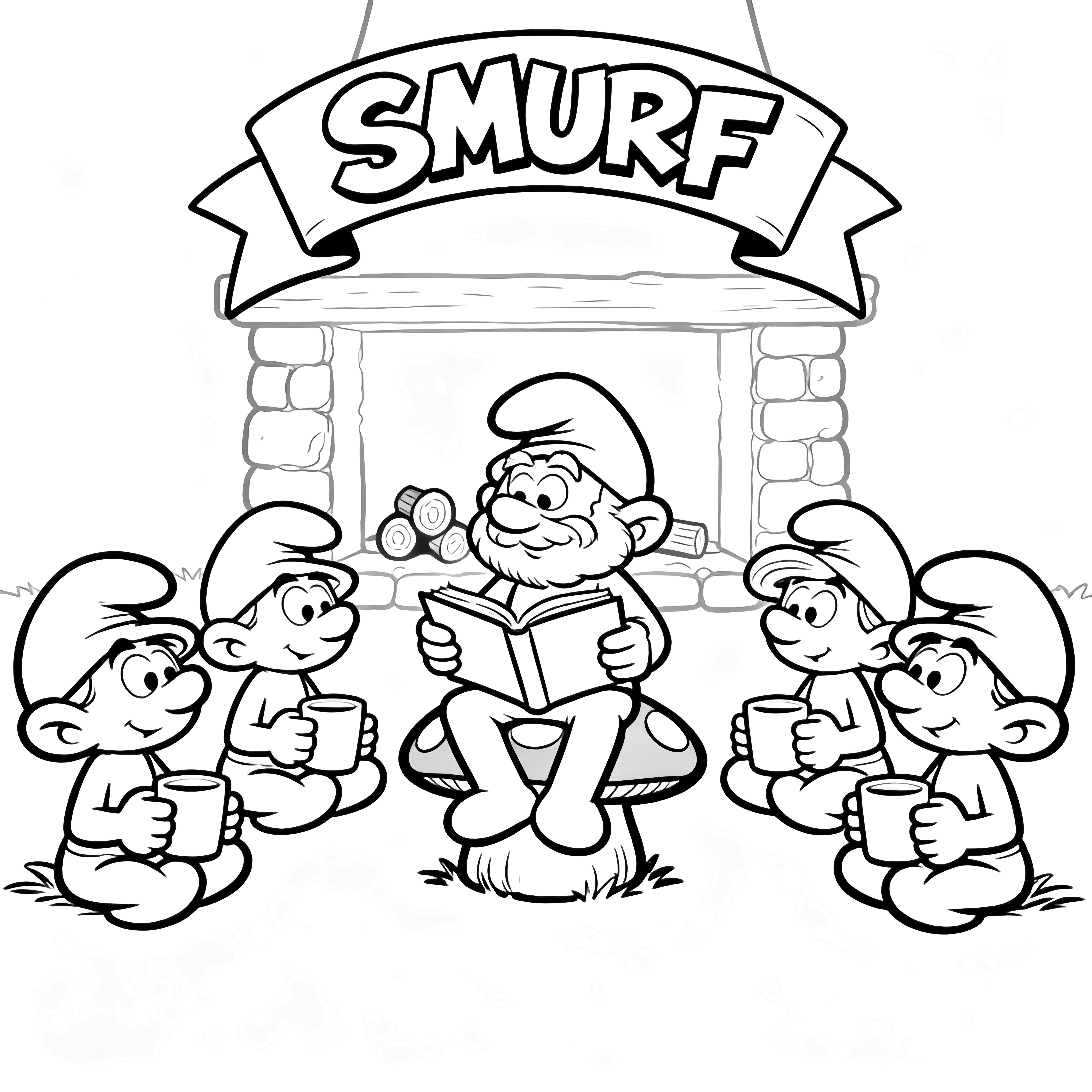 Papa Smurf on a mushroom stool reading an open storybook, five cross-legged Smurfs with mugs, stone fireplace behind, curved "SMURF" banner overhead. kleurplaat