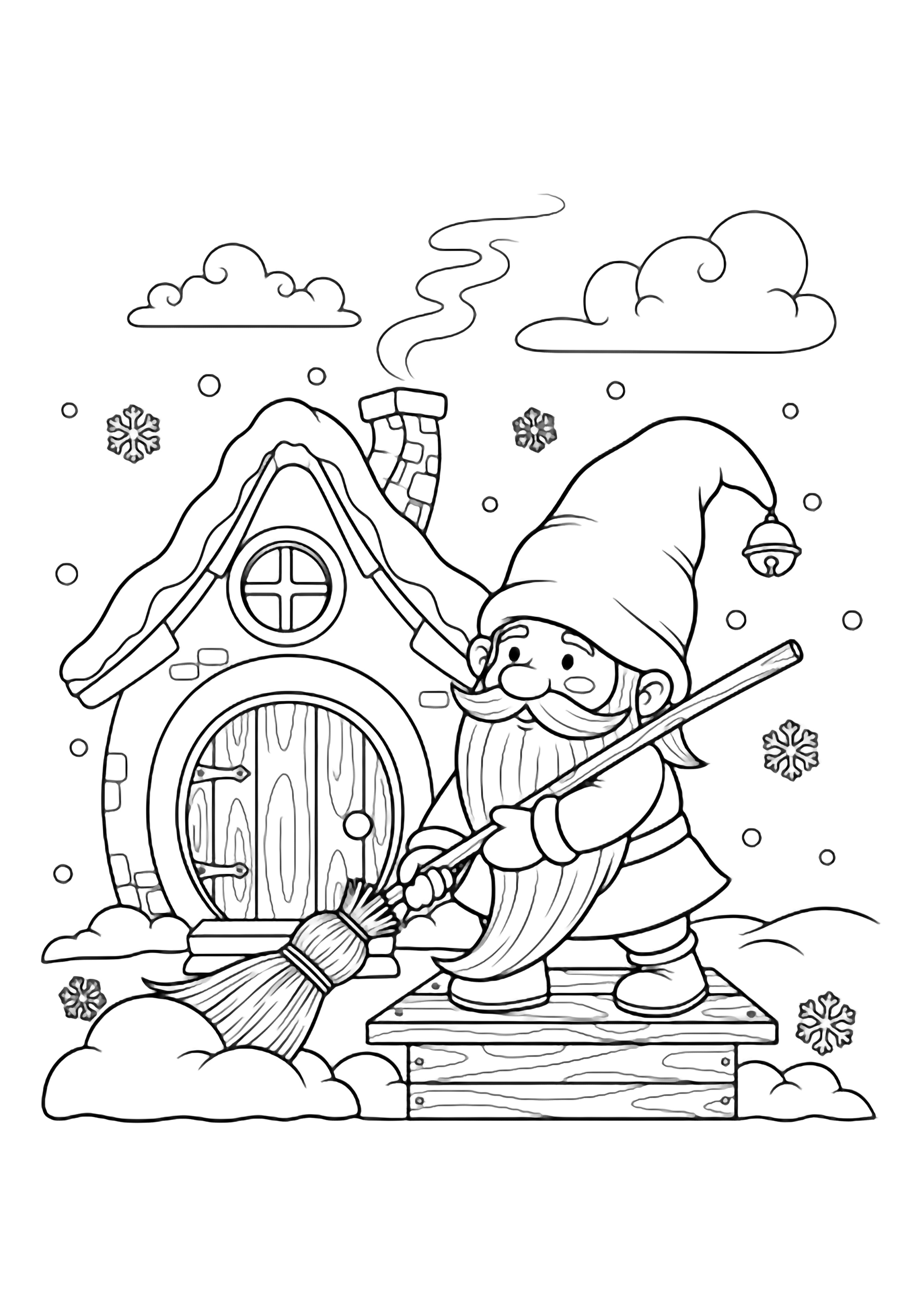 Een vrolijke gnoom veegt sneeuw van de ronde stoep van zijn huisje, terwijl hij een hoge puntmuts draagt en wolken en vlokken boven hem ronddrijven. kleurplaat