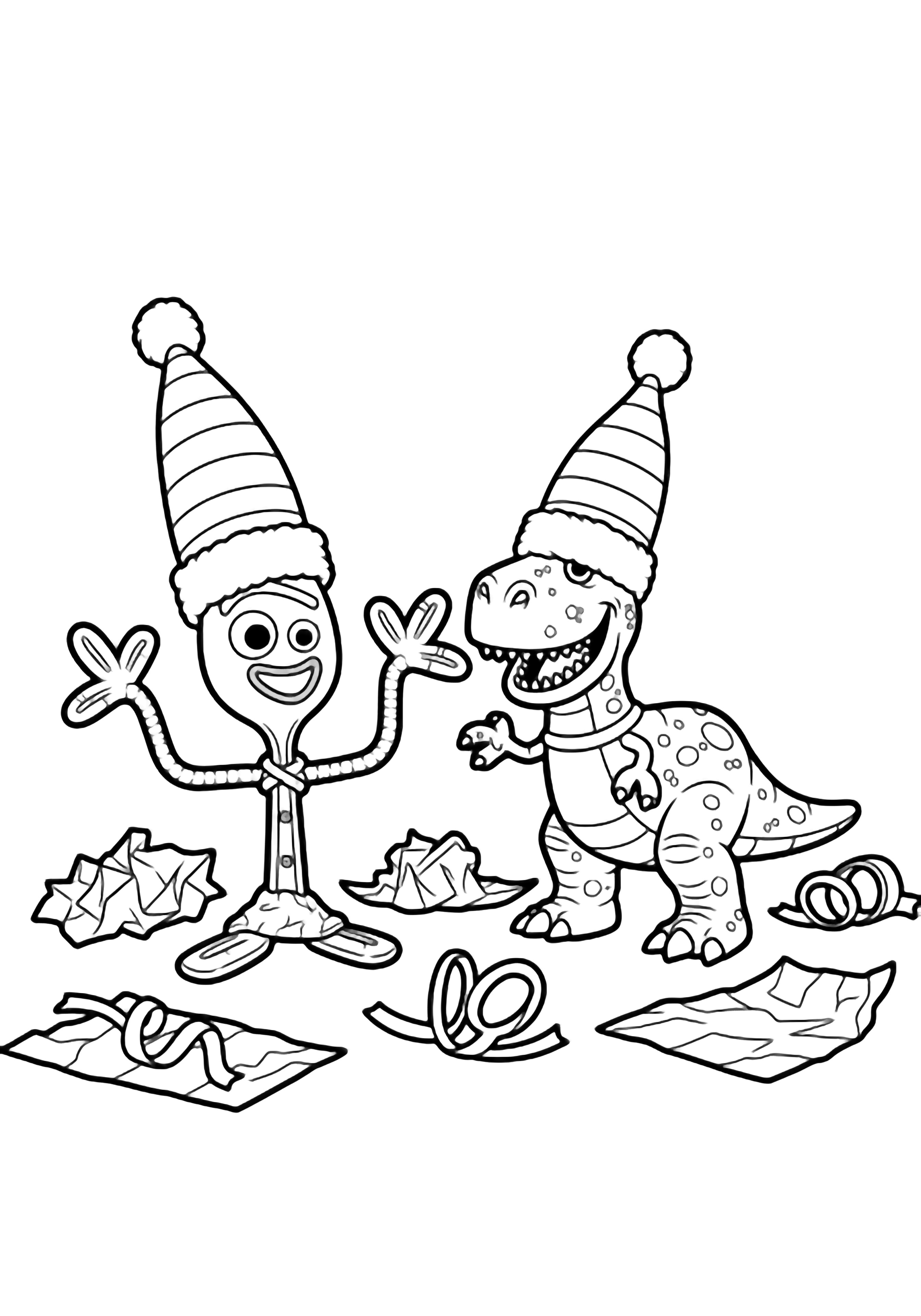 Forky waves beside Rex; both sport tall striped Santa hats amid curled ribbons and crumpled wrapping paper. kleurplaat