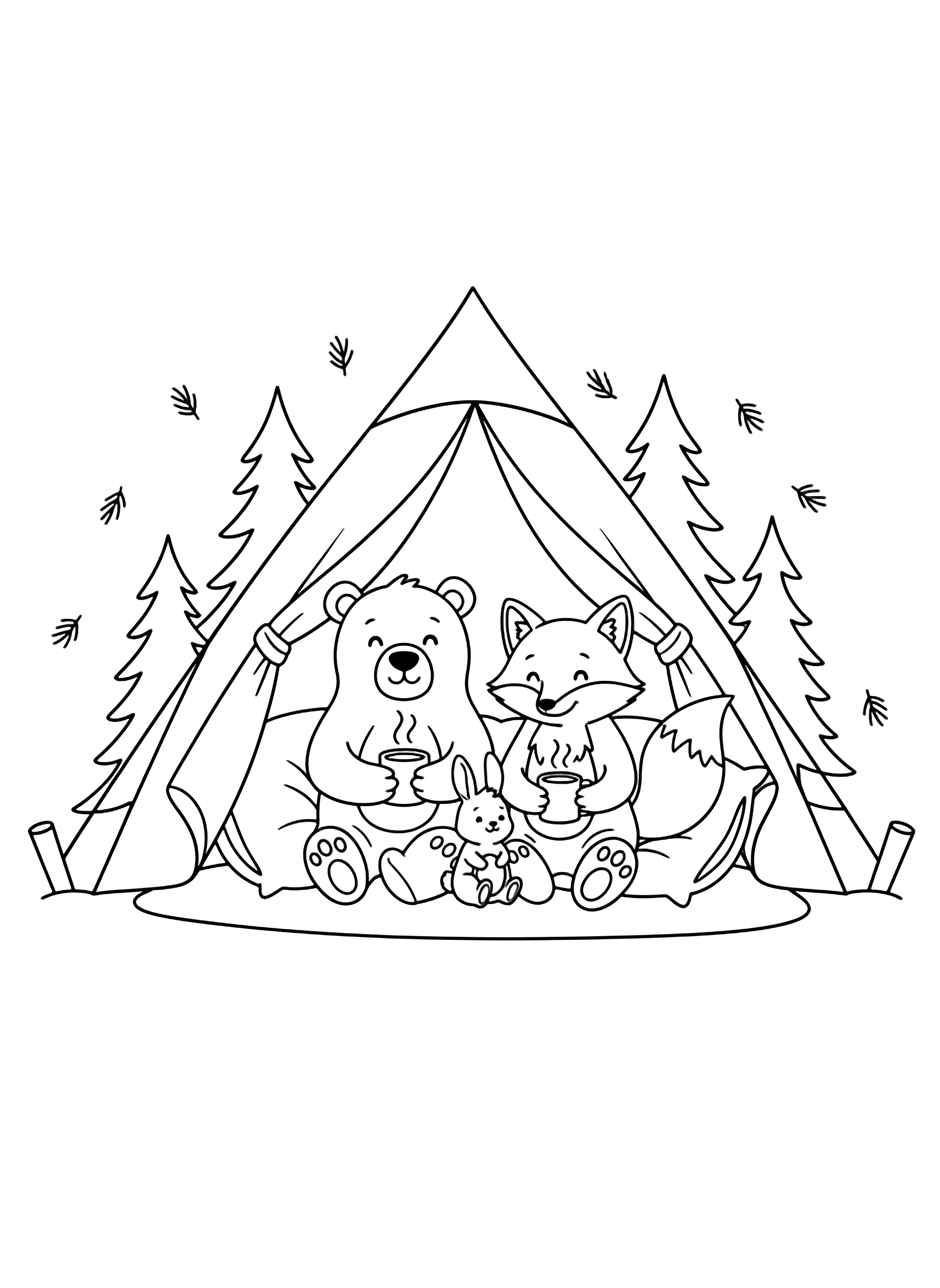 illustration on a A wide open mouthed tent frames a smiling bear and fox lounging on big pillows each clutching a steaming mug; a tiny rabbit perches between them while pine needles and simple trees form a light background all in bold clean black outlines clean black kleurplaat