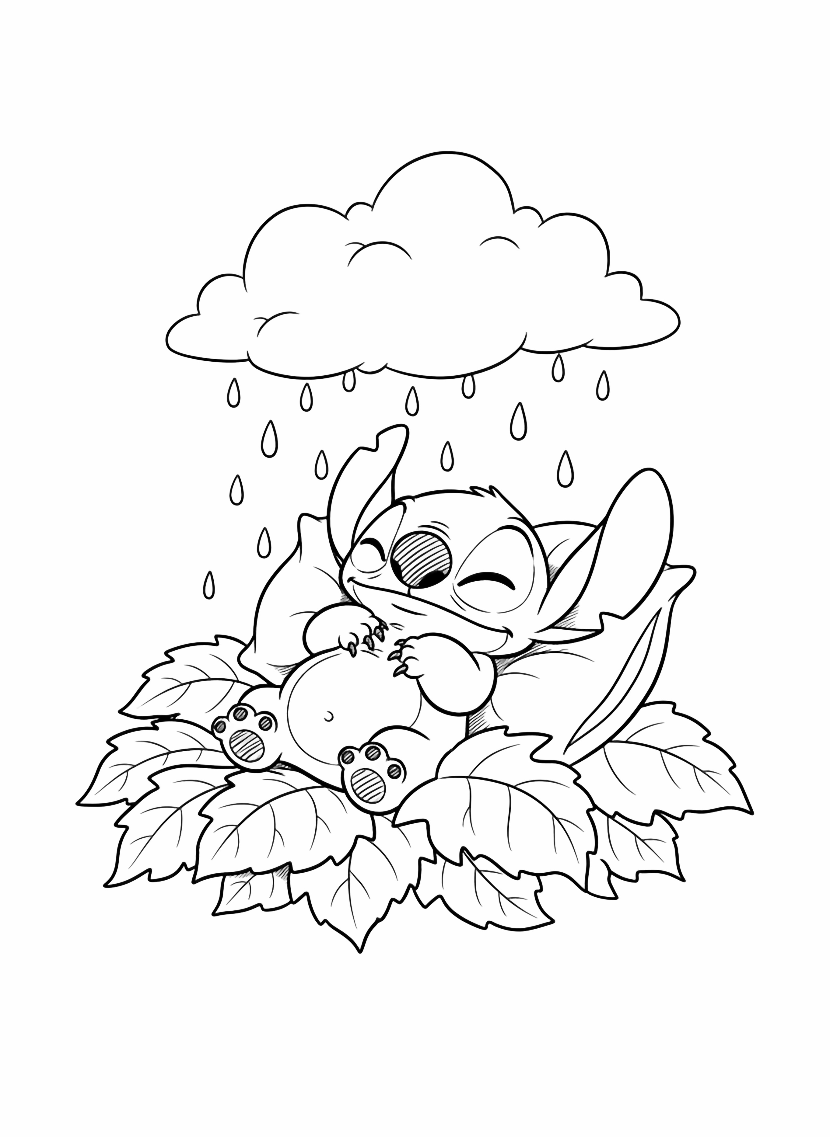 A black and white illustration of Stitch peacefully lying in a cozy bed made of large crisp autumn leaves His round belly rises and falls gently as he smiles in contentment tiny paws tucked beneath him Soft raindrops fall from fluffy clouds above each droplet drawn as a simple circle or teardrop shape clean black and white line drawing minimal shading no colour no fill kleurplaat