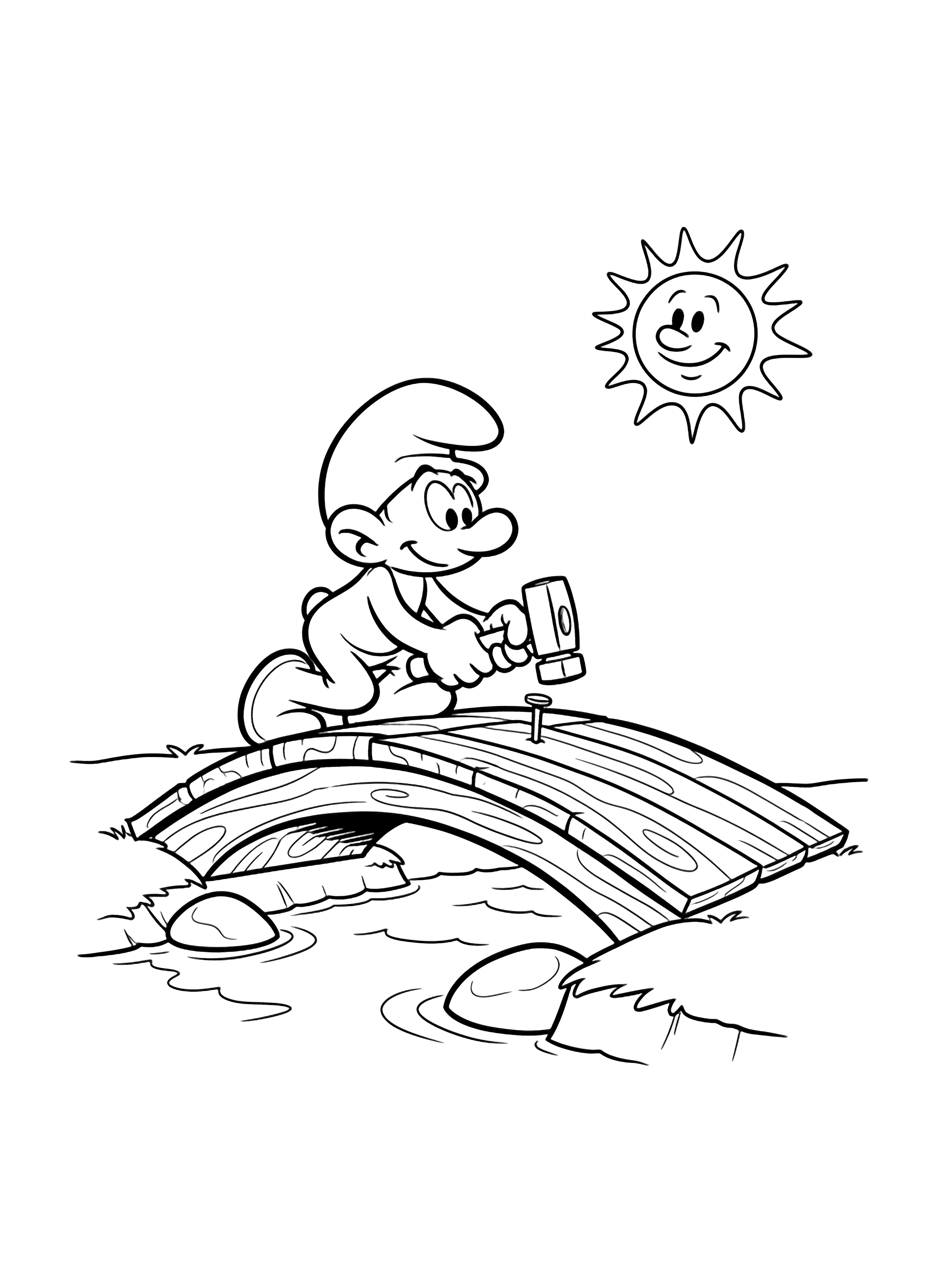Handy Smurf kneels on a plank, hammering the final nail into a small arched wooden bridge above calm water, with two stones below and a cheerful sun in the corner. kleurplaat