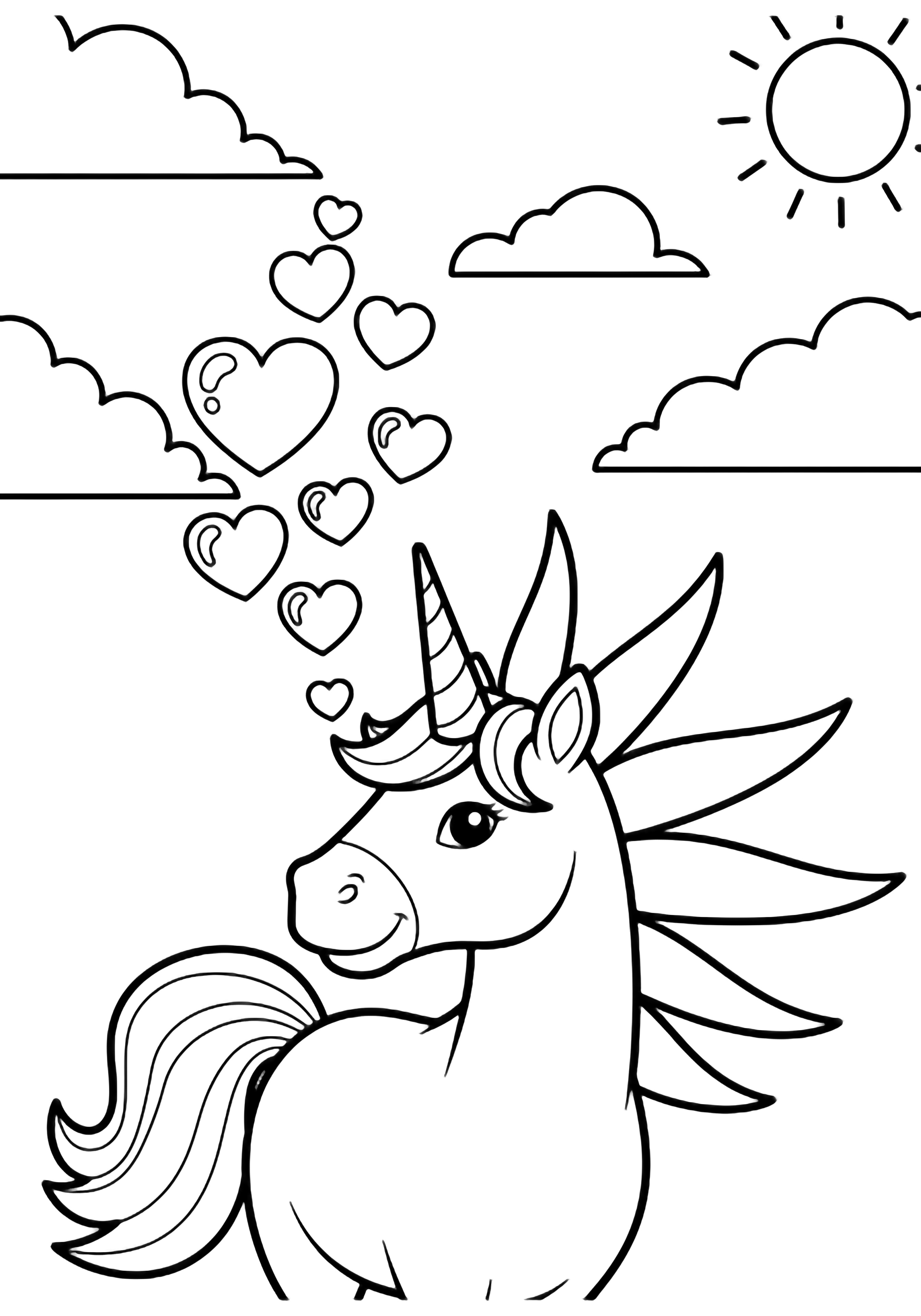A smiling unicorn with a spiky mane, ribbon tail, blowing heart bubbles, flanked by two fluffy clouds and a simple sun above. kleurplaat