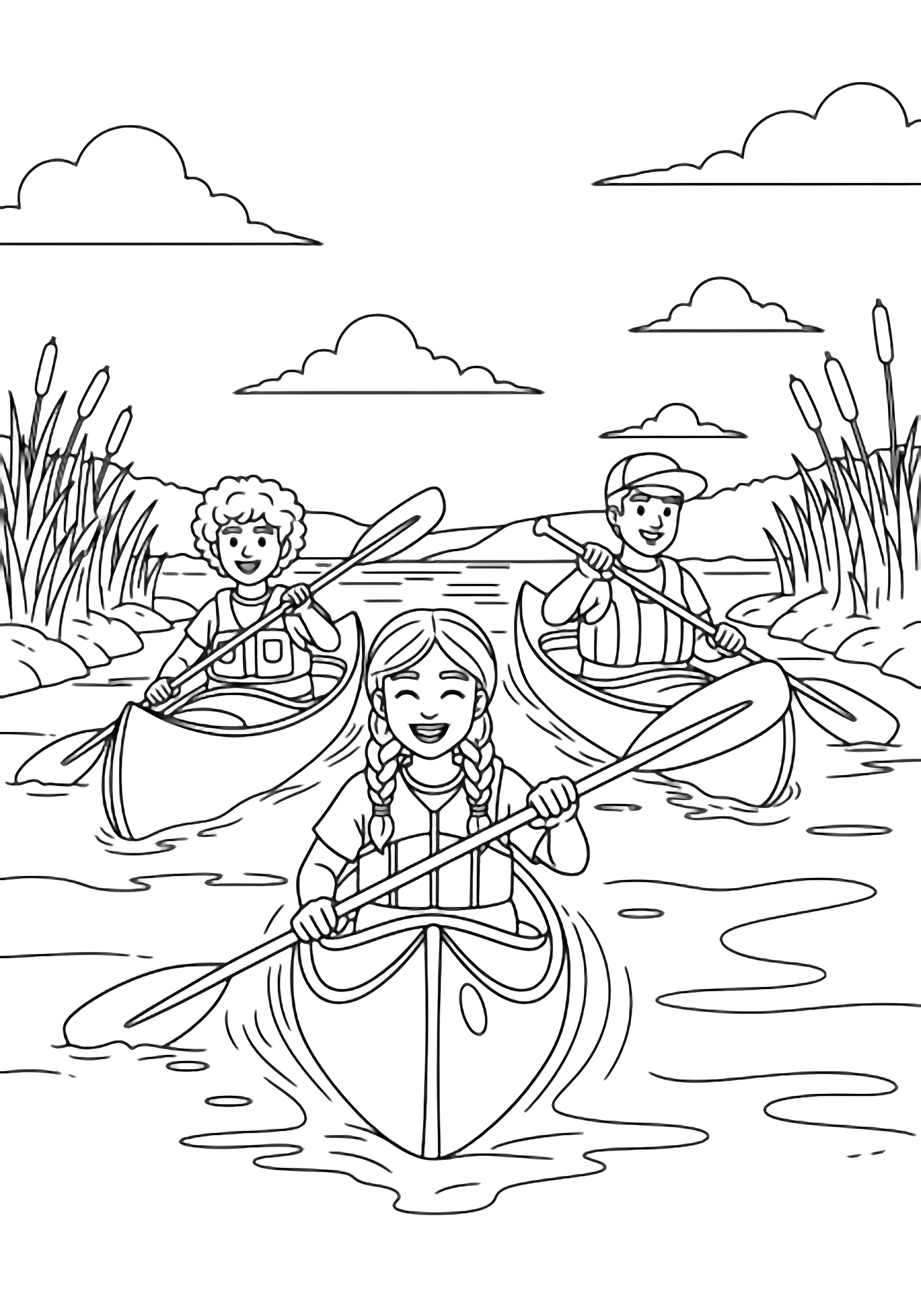 Three happy canoeists-curly hair, braids, cap-glide kayaks along a wavy river edged by reeds beneath drifting clouds. kleurplaat