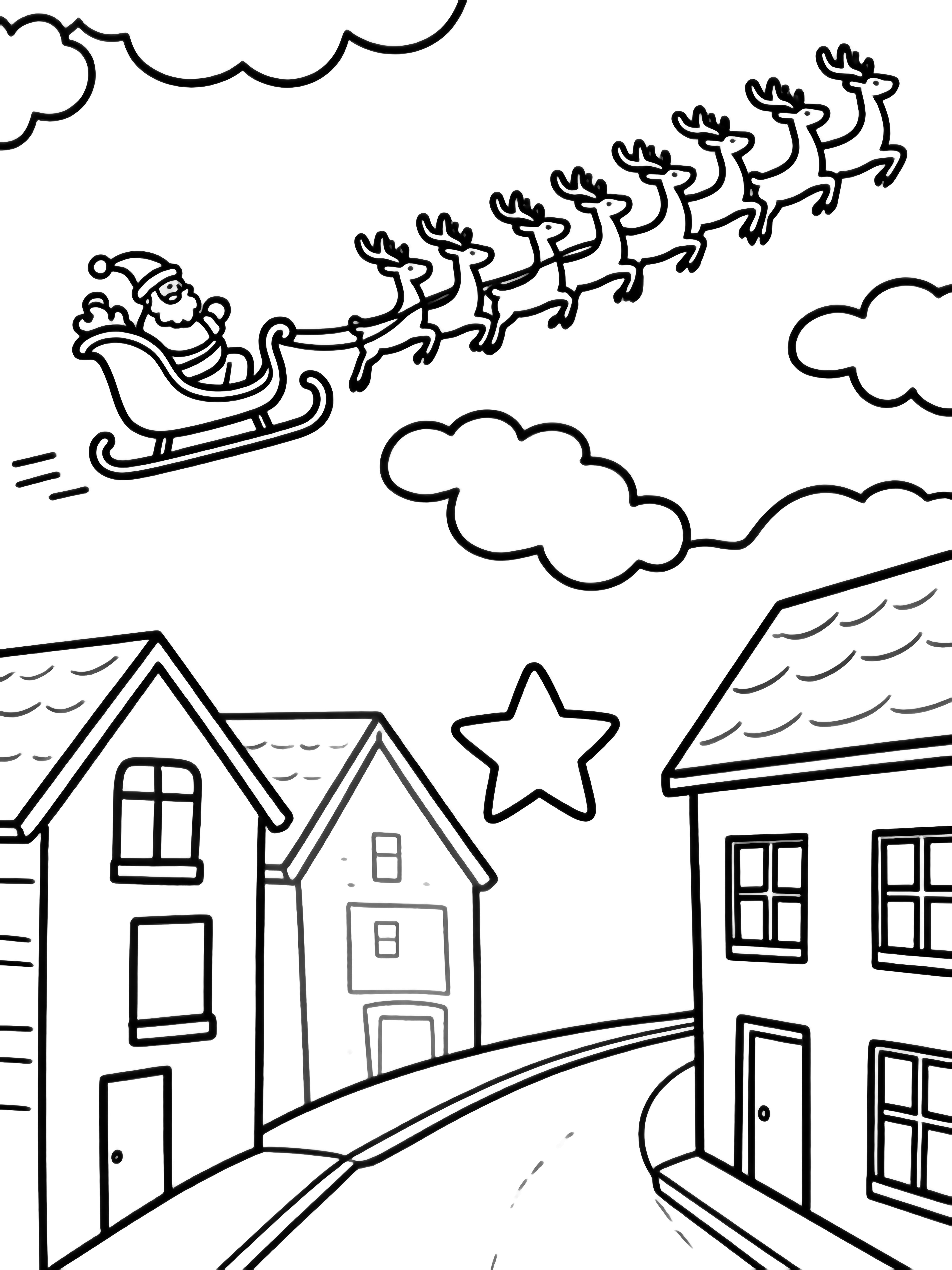 Sinterklaas' slee en acht rendieren zweven boven stille daken, blinde ramen, lege straten en een enkele grote ster. kleurplaat