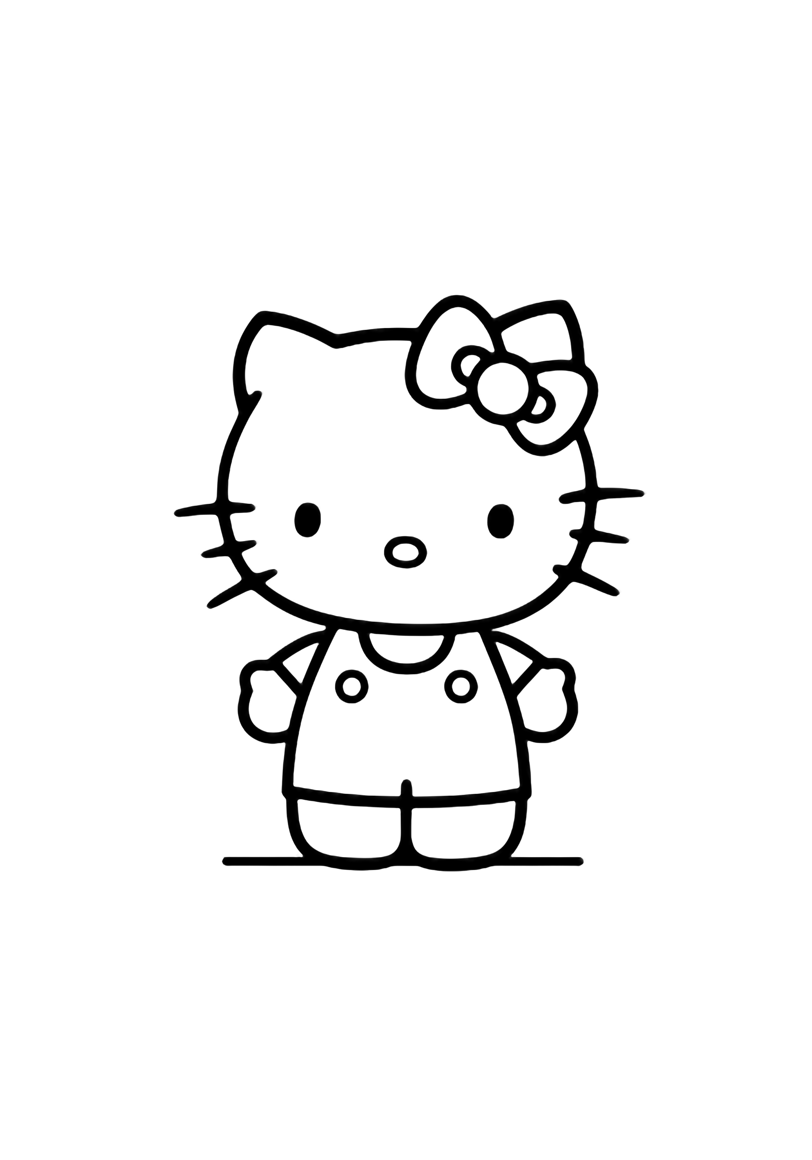 Hello Kitty stands centered, tiny smile, arms at sides, bow on ear, simple dress with two buttons, tiny shoes, minimal ground line. kleurplaat