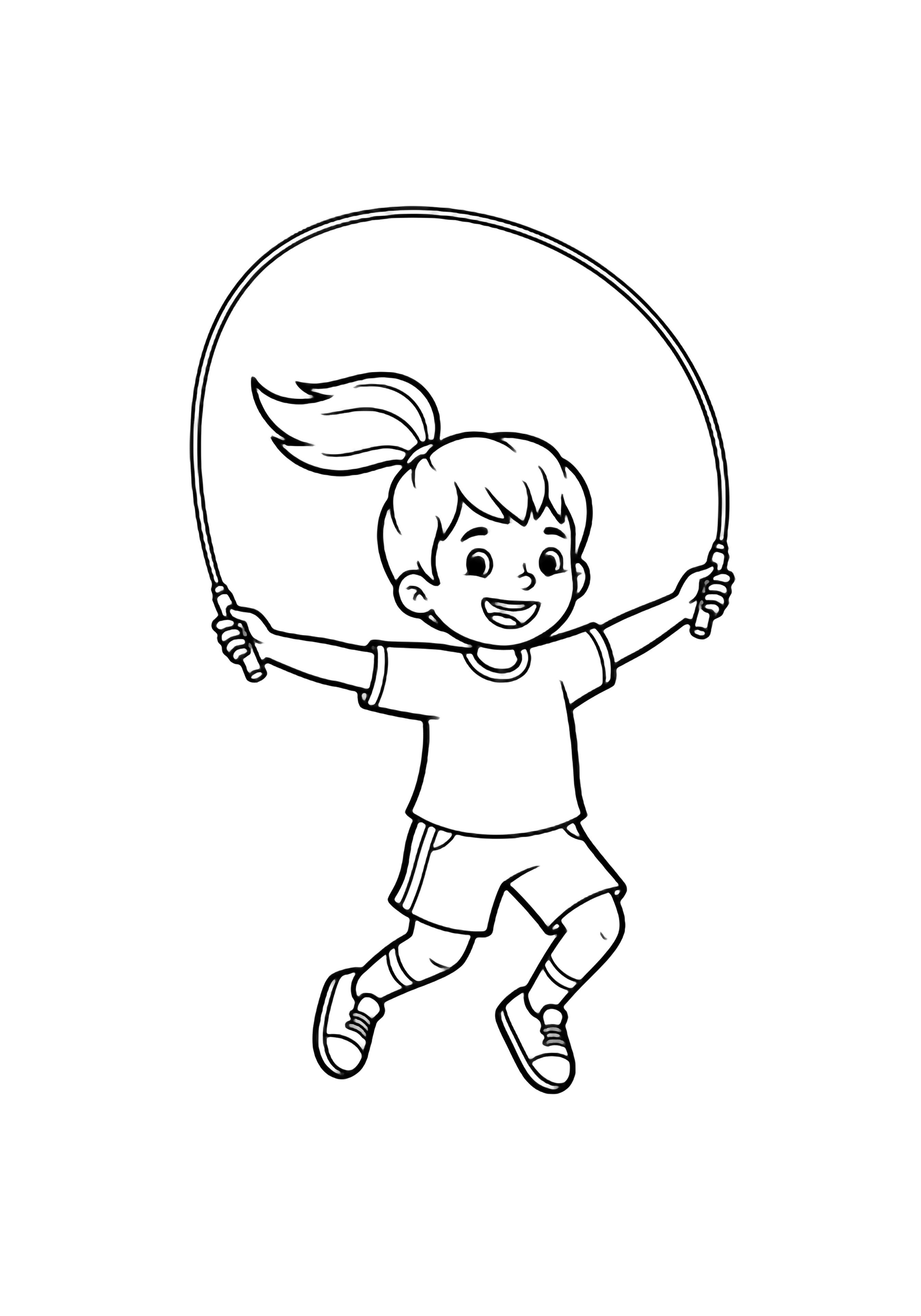 Happy girl mid-skip, ponytail flying, arms wide, jump-rope looping overhead, big smile, standing alone on blank space. kleurplaat