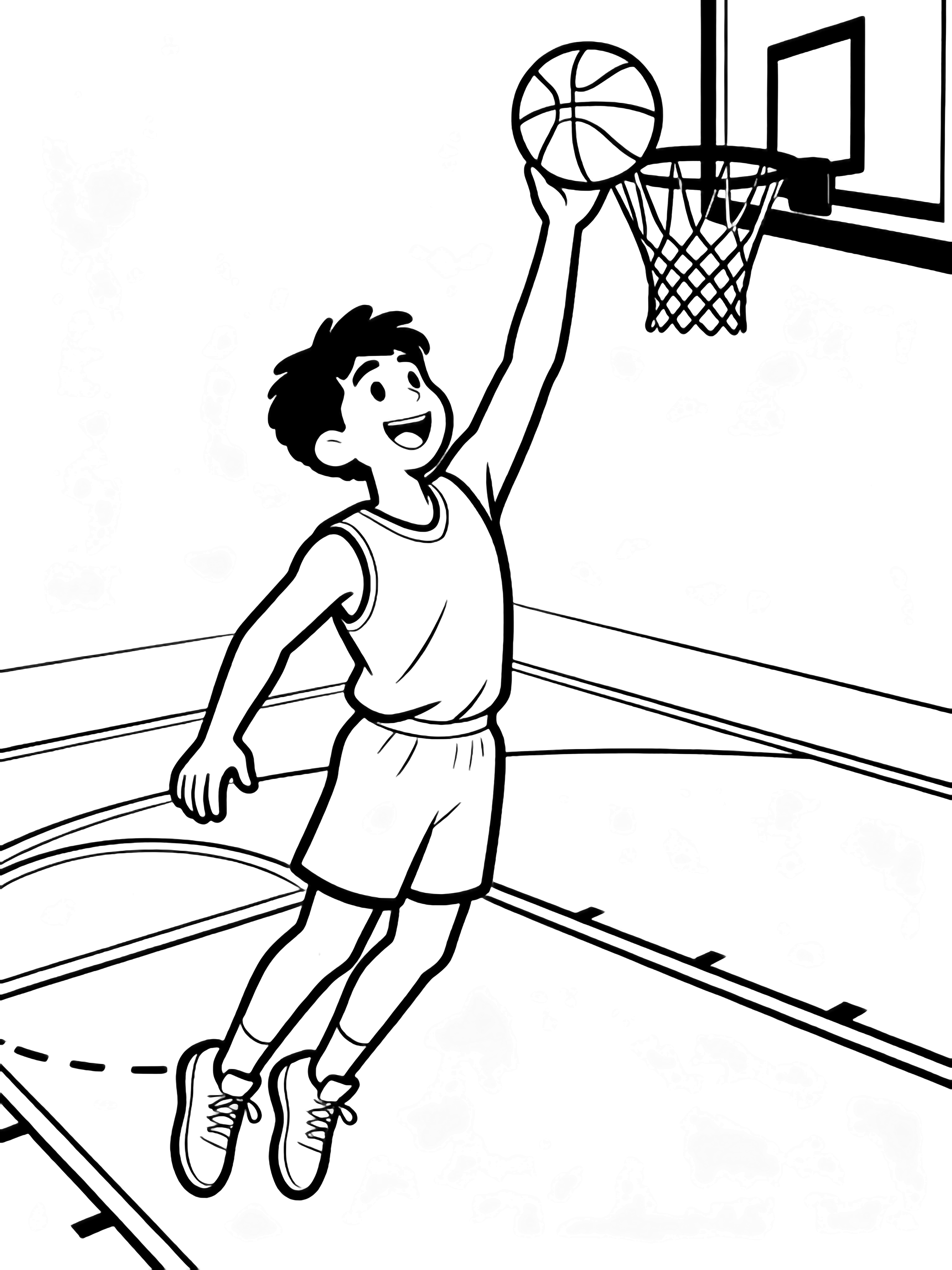A joyful basketball player leaps toward the hoop, arm extended for a slam dunk, with court lines, backboard, and net framing the action. kleurplaat