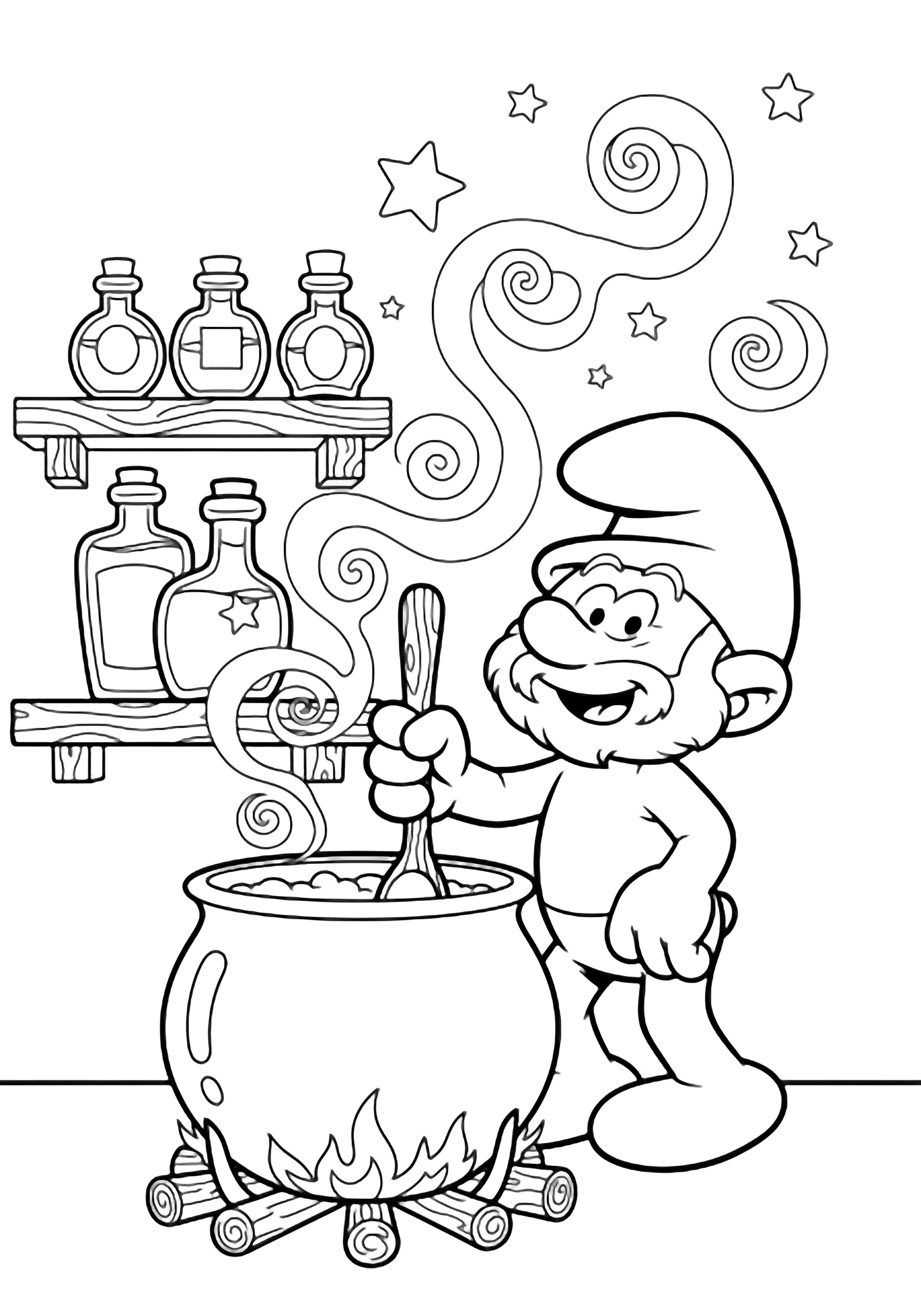 Papa Smurf stirs a cauldron amid shelves of bottles, swirling smoke, spirals and stars. kleurplaat