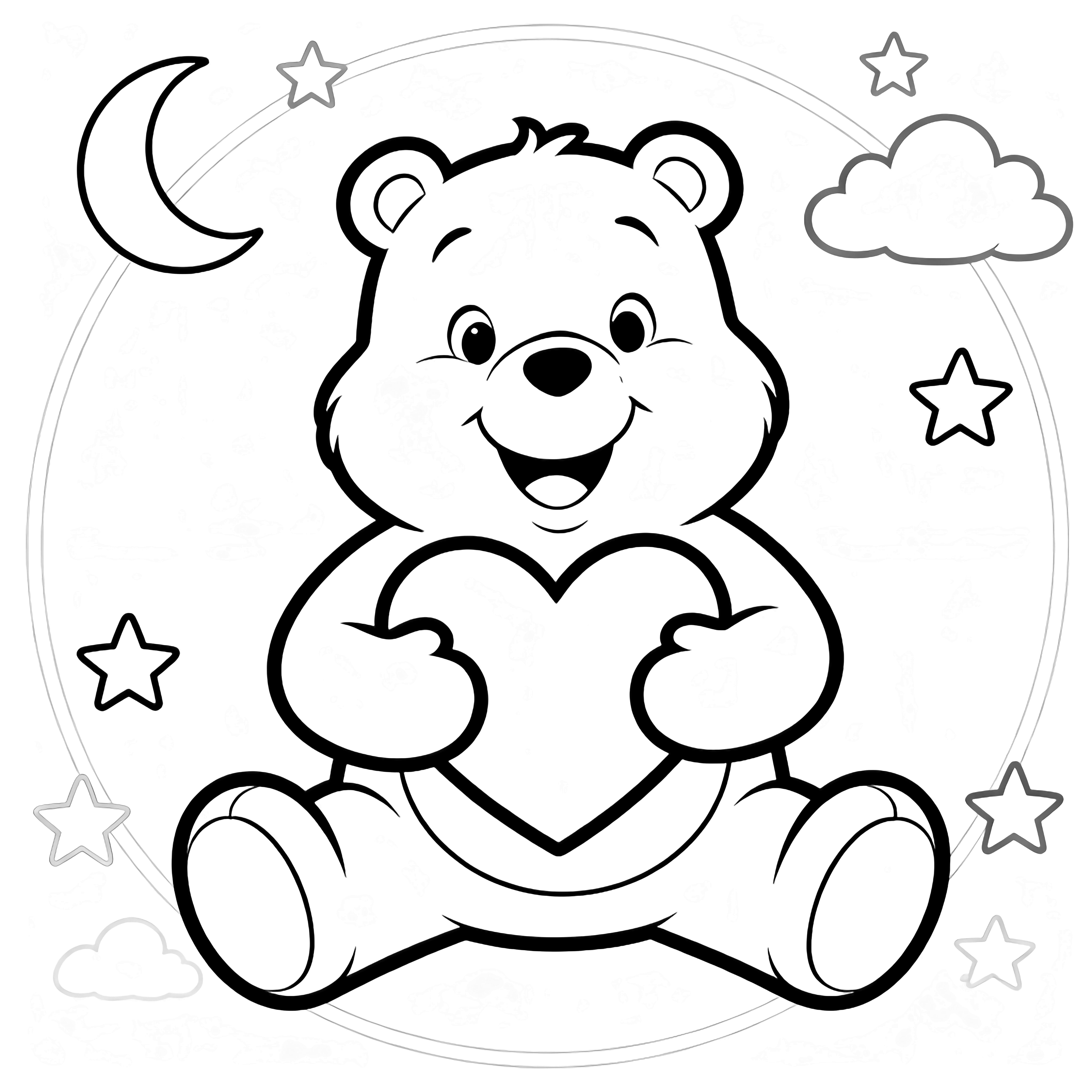 A smiling Care Bear hugs a large heart while a crescent moon, clouds and stars encircle it. kleurplaat