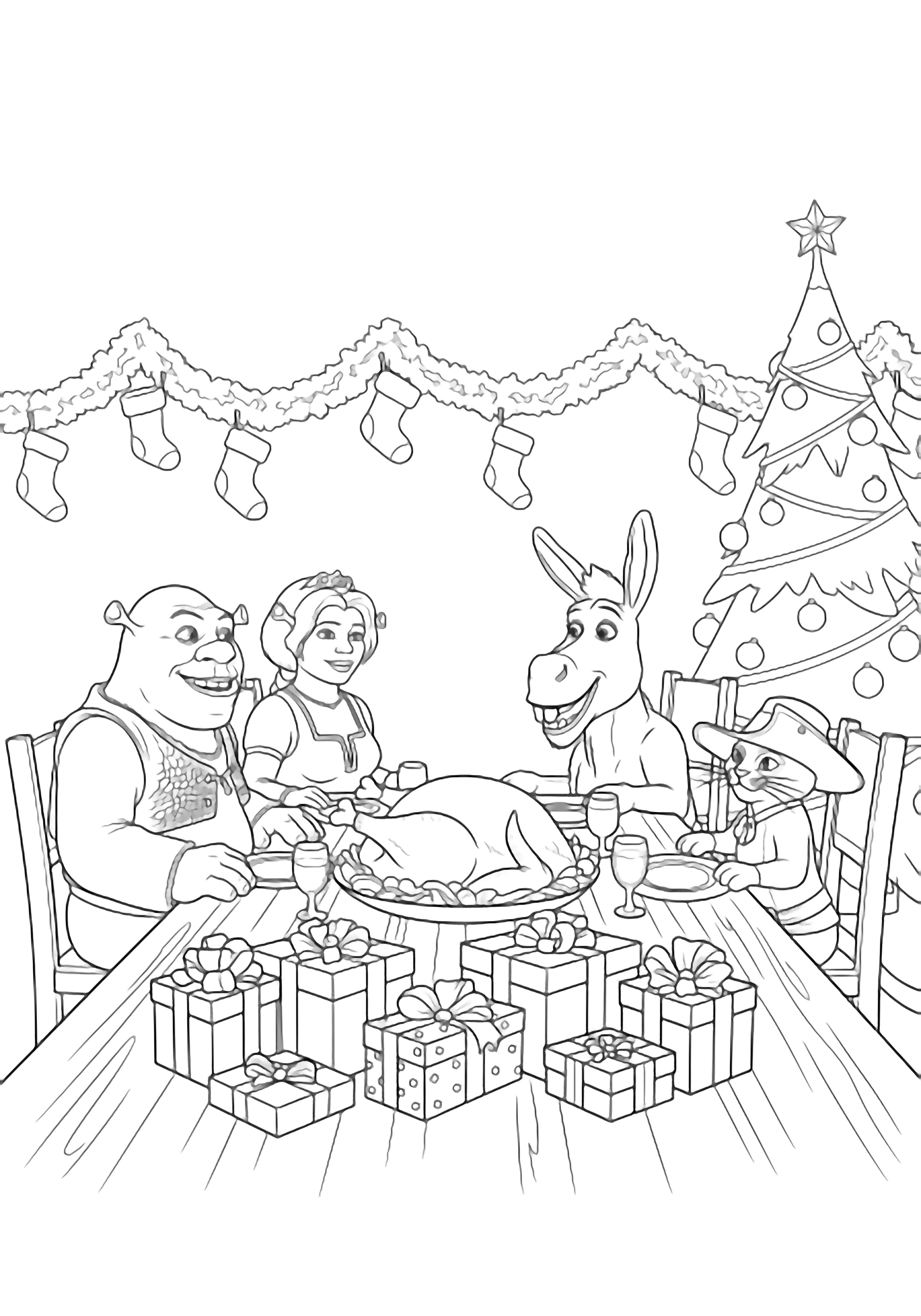 Shrek, Fiona, Donkey and Puss share a long table piled with turkey and gifts, framed by garlands, stockings and a star-topped tree. kleurplaat