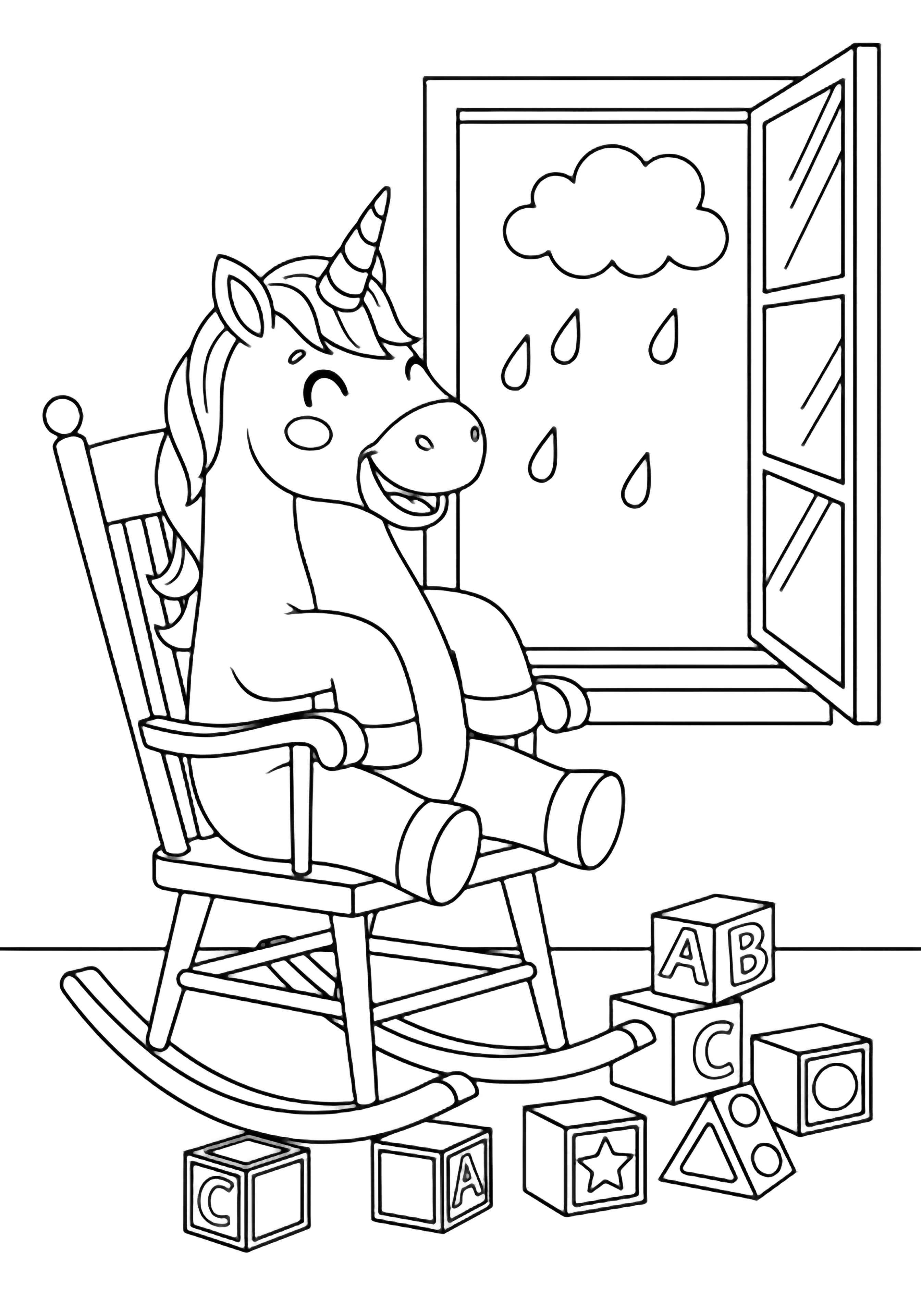 A cheerful unicorn rocks in a chair near an open window; toy blocks litter the floor while raindrops and clouds drift outside. kleurplaat