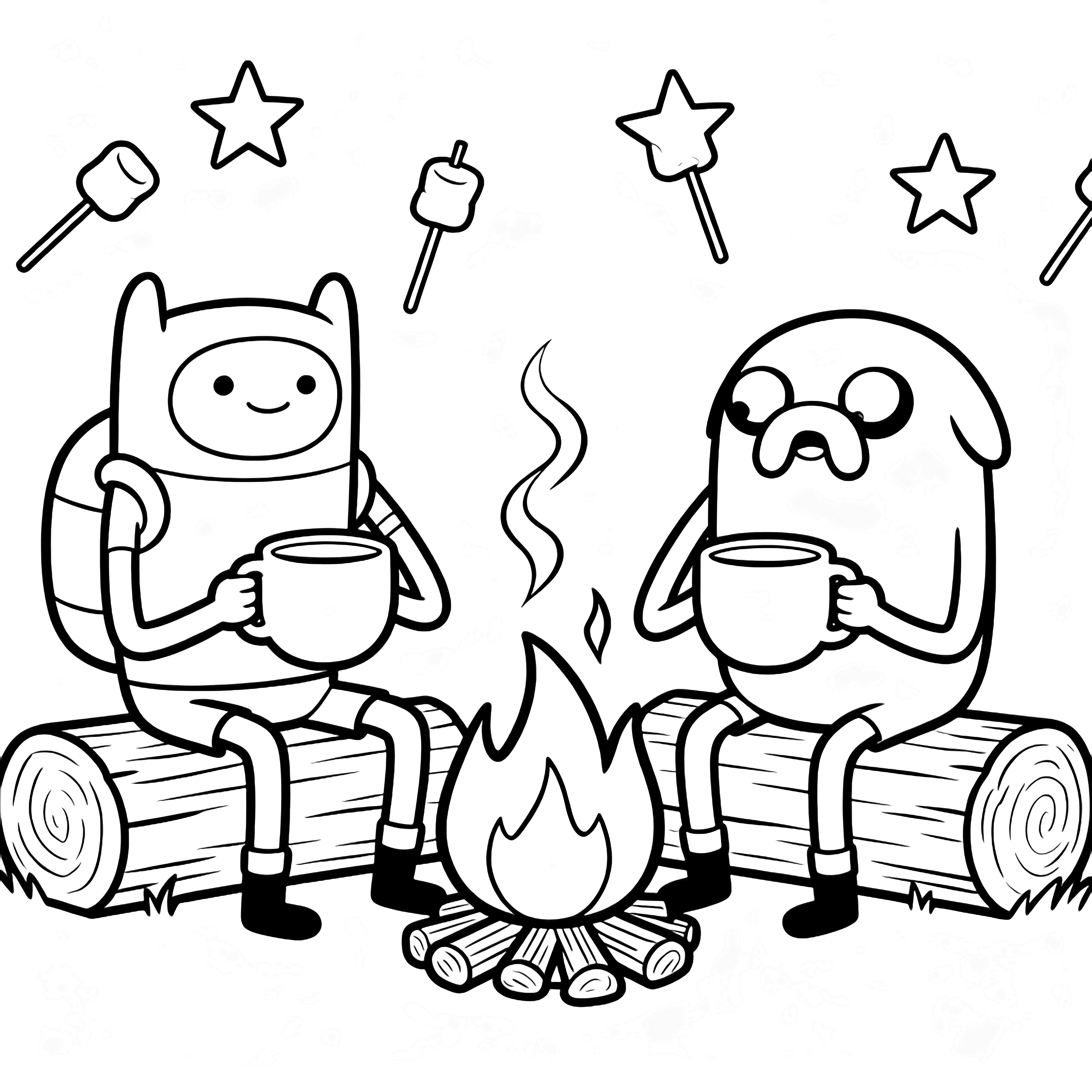 Finn and Jake sit on log seats, holding big round mugs, roasting marshmallows over small flames beneath starry sky. kleurplaat