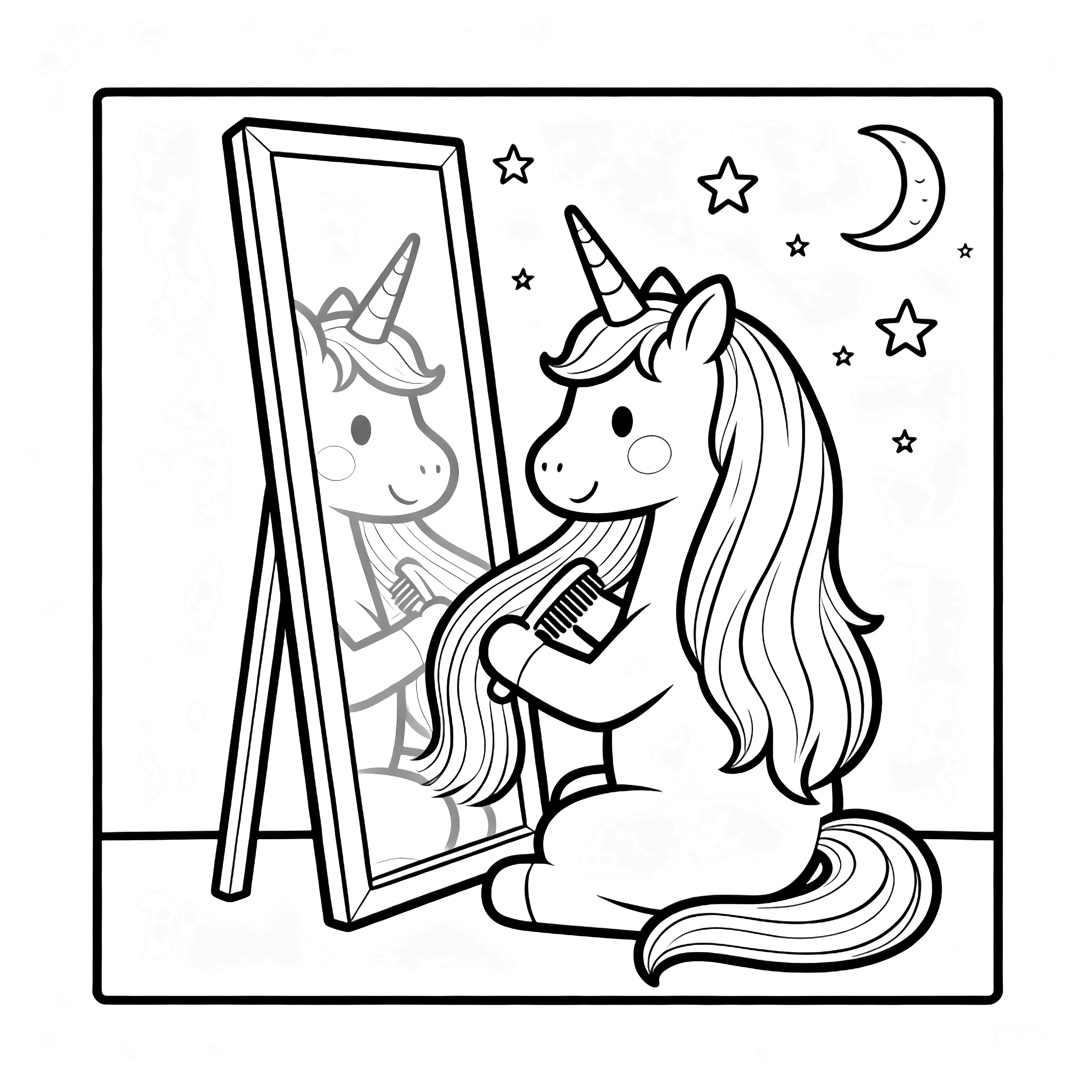 A smiling unicorn sits before a tall mirror, brushing its long mane with a comb; tiny stars and a crescent moon float behind, all inside a neat rectangular frame. kleurplaat