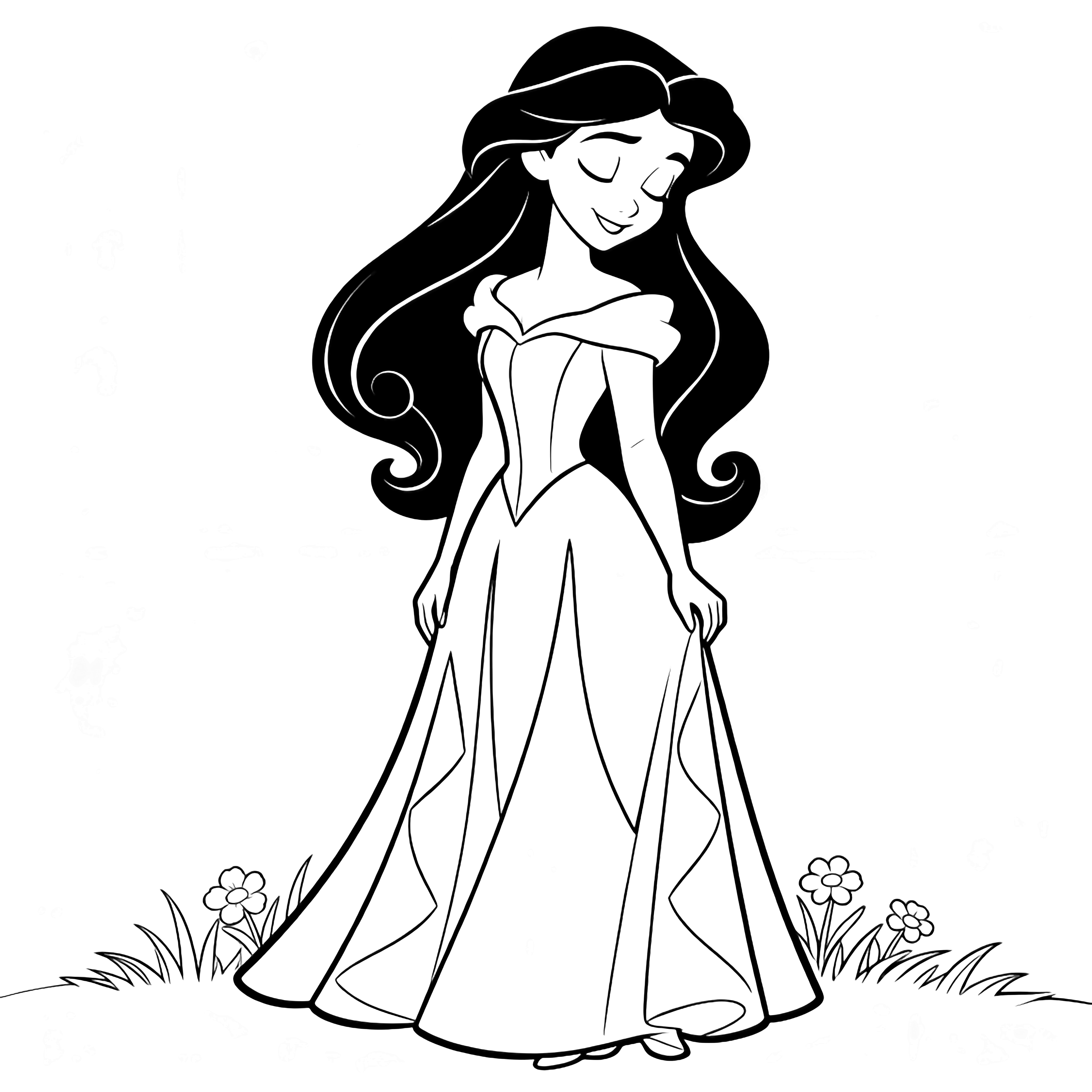 Princess Aurora stands with head gently tilted, long dark hair flowing, eyes closed in a soft smile, wearing a simple gown, minimal grass and flowers near her feet. kleurplaat
